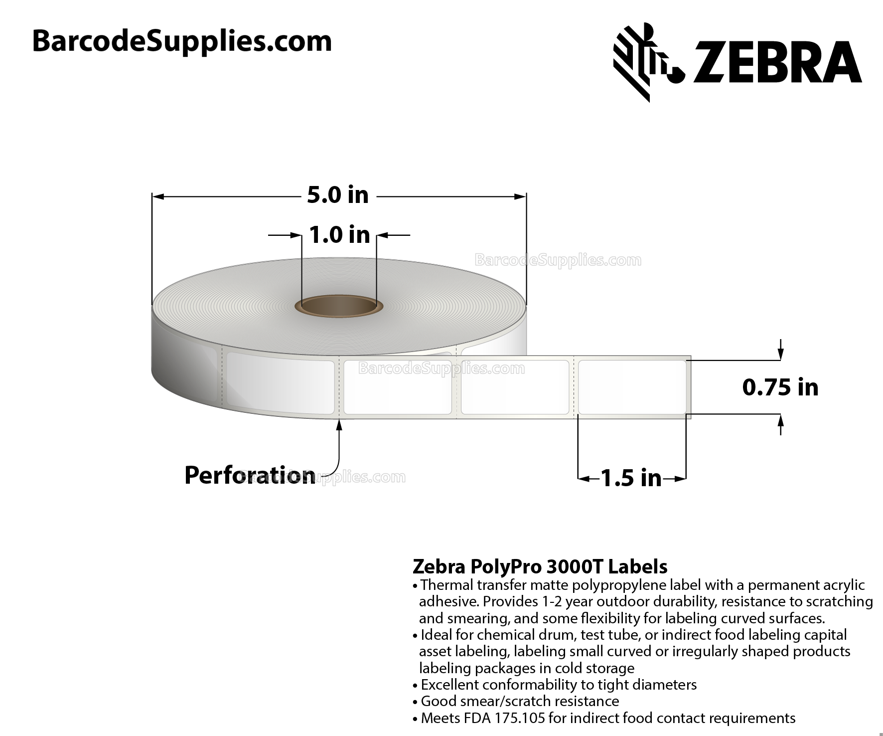 0.75 x 1.5 Thermal Transfer White PolyPro 3000T Labels With Permanent Adhesive - Perforated - 1450 Labels Per Roll - Carton Of 1 Rolls - 1450 Labels Total - MPN: 10023326