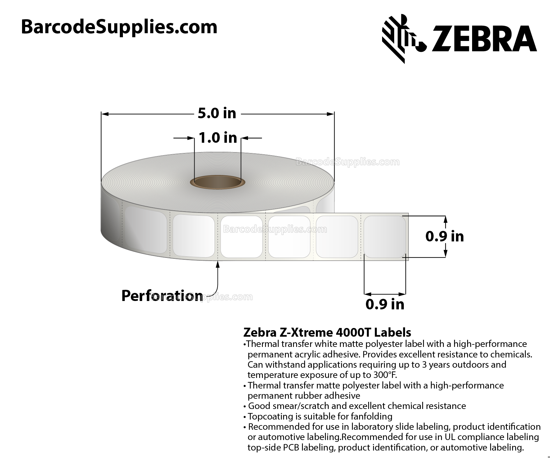 0.9 x 0.9 Thermal Transfer White Z-Xtreme 4000T White Labels With Permanent Adhesive - Perforated - 1000 Labels Per Roll - Carton Of 1 Rolls - 1000 Labels Total - MPN: 10023239