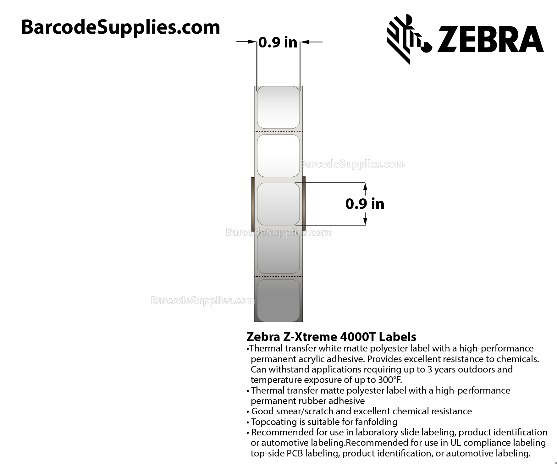 0.9 x 0.9 Thermal Transfer White Z-Xtreme 4000T White Labels With Permanent Adhesive - Perforated - 1000 Labels Per Roll - Carton Of 1 Rolls - 1000 Labels Total - MPN: 10023239