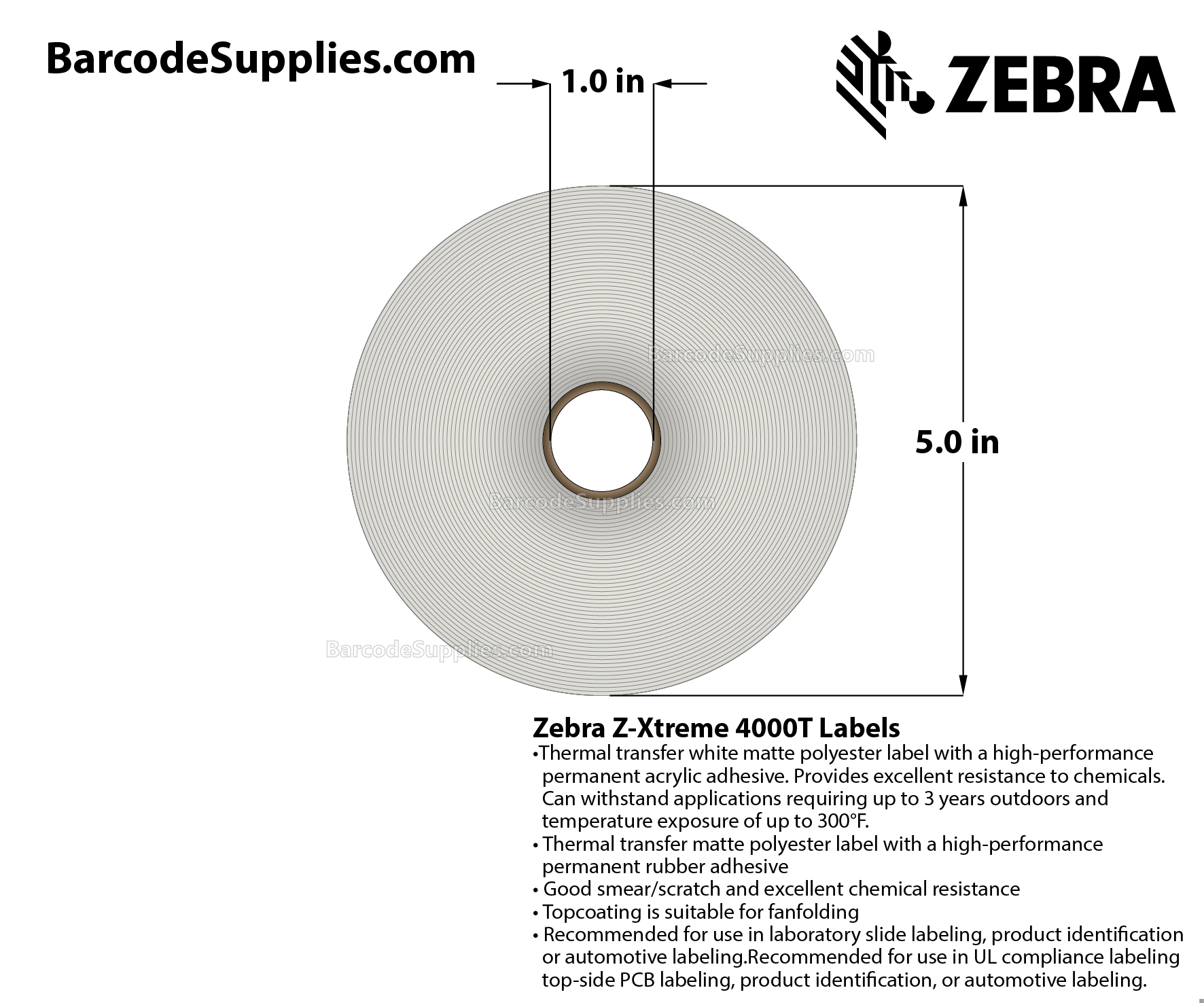 0.9 x 0.9 Thermal Transfer White Z-Xtreme 4000T White Labels With Permanent Adhesive - Perforated - 1000 Labels Per Roll - Carton Of 1 Rolls - 1000 Labels Total - MPN: 10023239