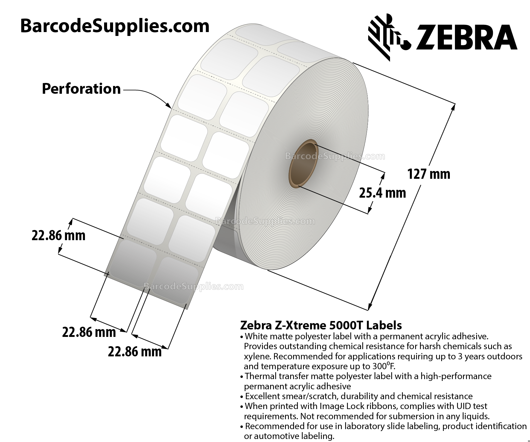 0.9 x 0.9 Thermal Transfer White Z-Xtreme 5000T (2-Across) Labels With Permanent Adhesive - Perforated - 1500 Labels Per Roll - Carton Of 1 Rolls - 1500 Labels Total - MPN: 10023250