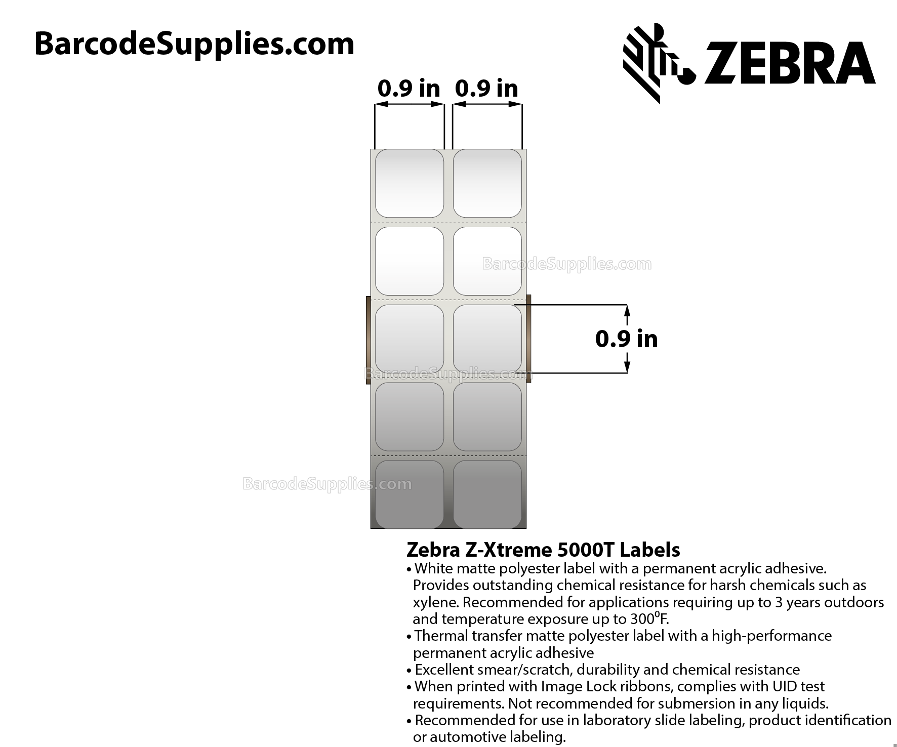 0.9 x 0.9 Thermal Transfer White Z-Xtreme 5000T (2-Across) Labels With Permanent Adhesive - Perforated - 1500 Labels Per Roll - Carton Of 1 Rolls - 1500 Labels Total - MPN: 10023250