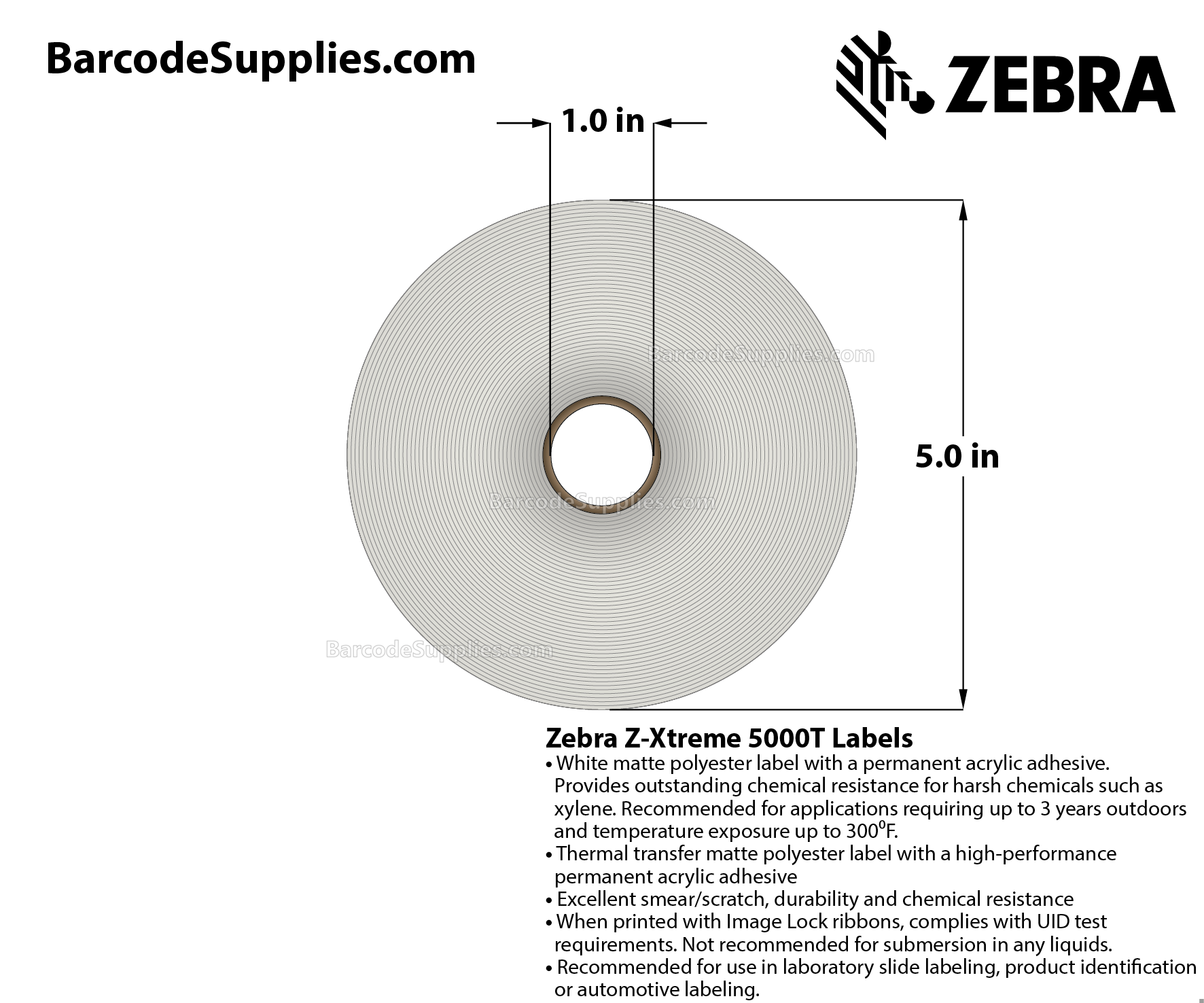 0.9 x 0.9 Thermal Transfer White Z-Xtreme 5000T (2-Across) Labels With Permanent Adhesive - Perforated - 1500 Labels Per Roll - Carton Of 1 Rolls - 1500 Labels Total - MPN: 10023250
