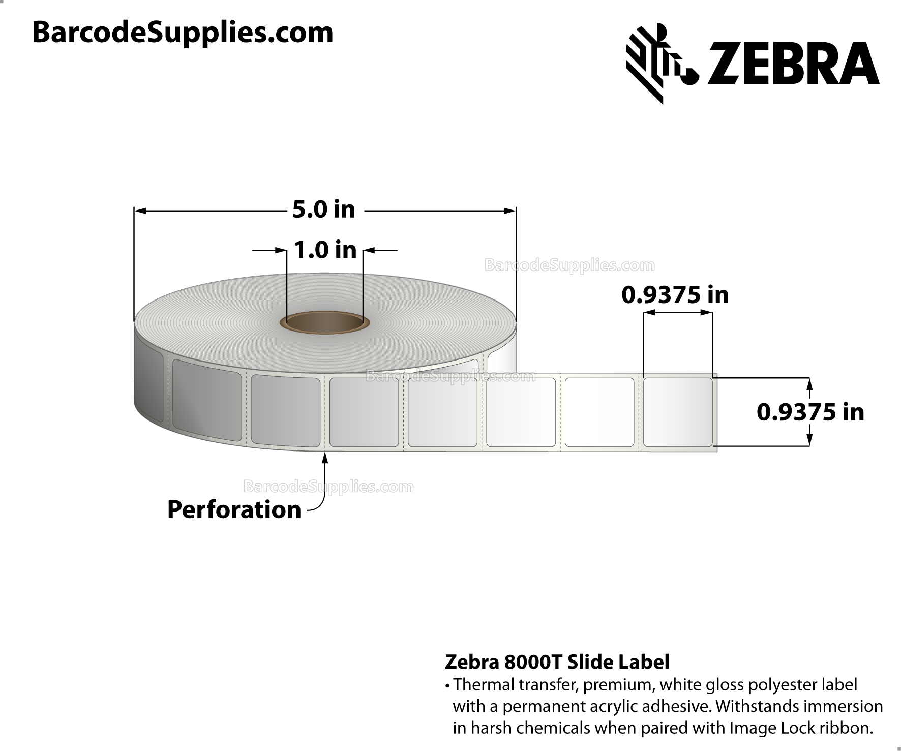 0.9375 x 0.9375 Thermal Transfer White 8000T Slide Labels With Permanent Adhesive - Perforated - 2512 Labels Per Roll - Carton Of 4 Rolls - 10048 Labels Total - MPN: 10034219