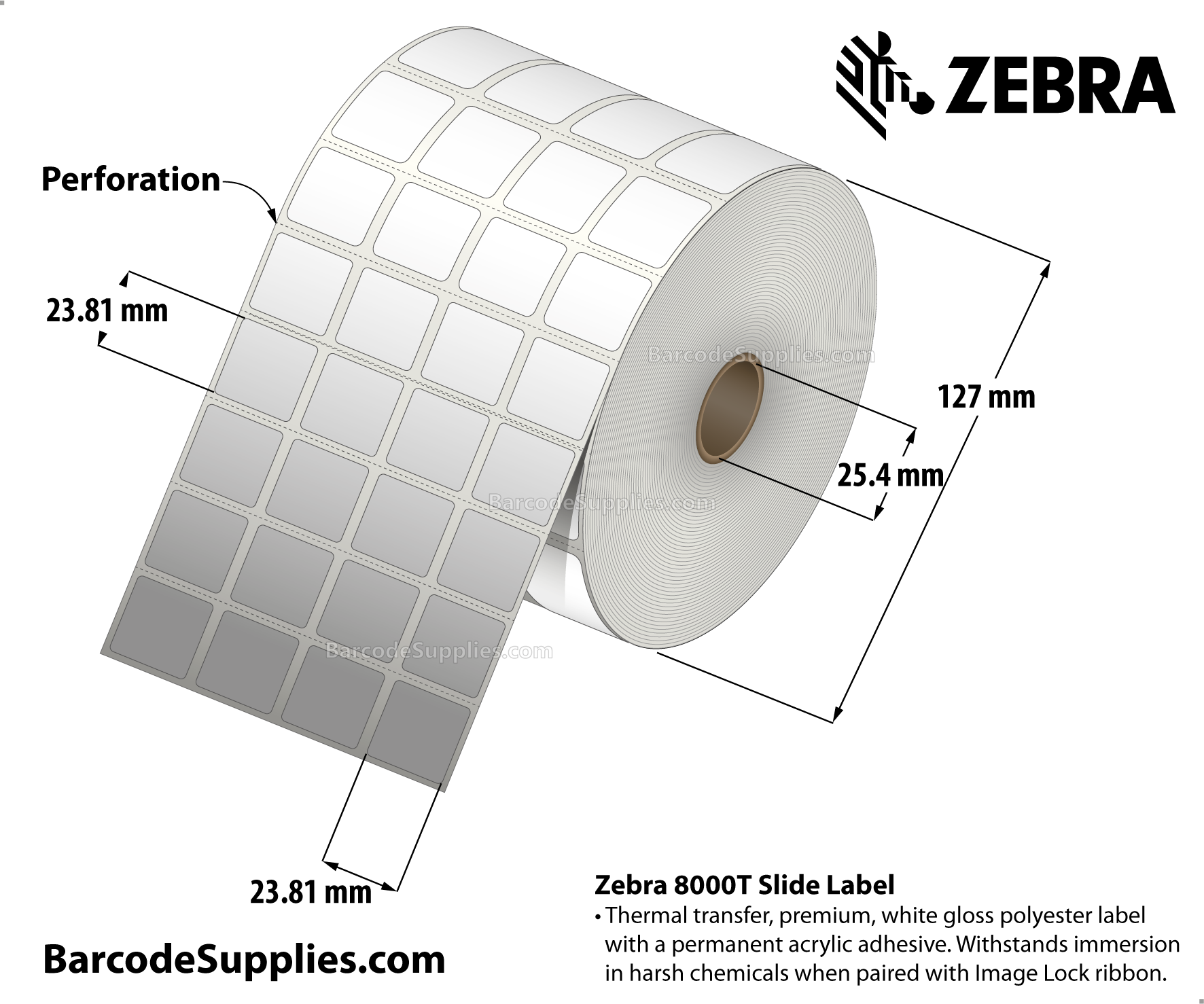 0.9375 x 0.9375 Thermal Transfer White 8000T Slide (4-Across) Labels With Permanent Adhesive - Perforated - 10048 Labels Per Roll - Carton Of 4 Rolls - 40192 Labels Total - MPN: 10034220