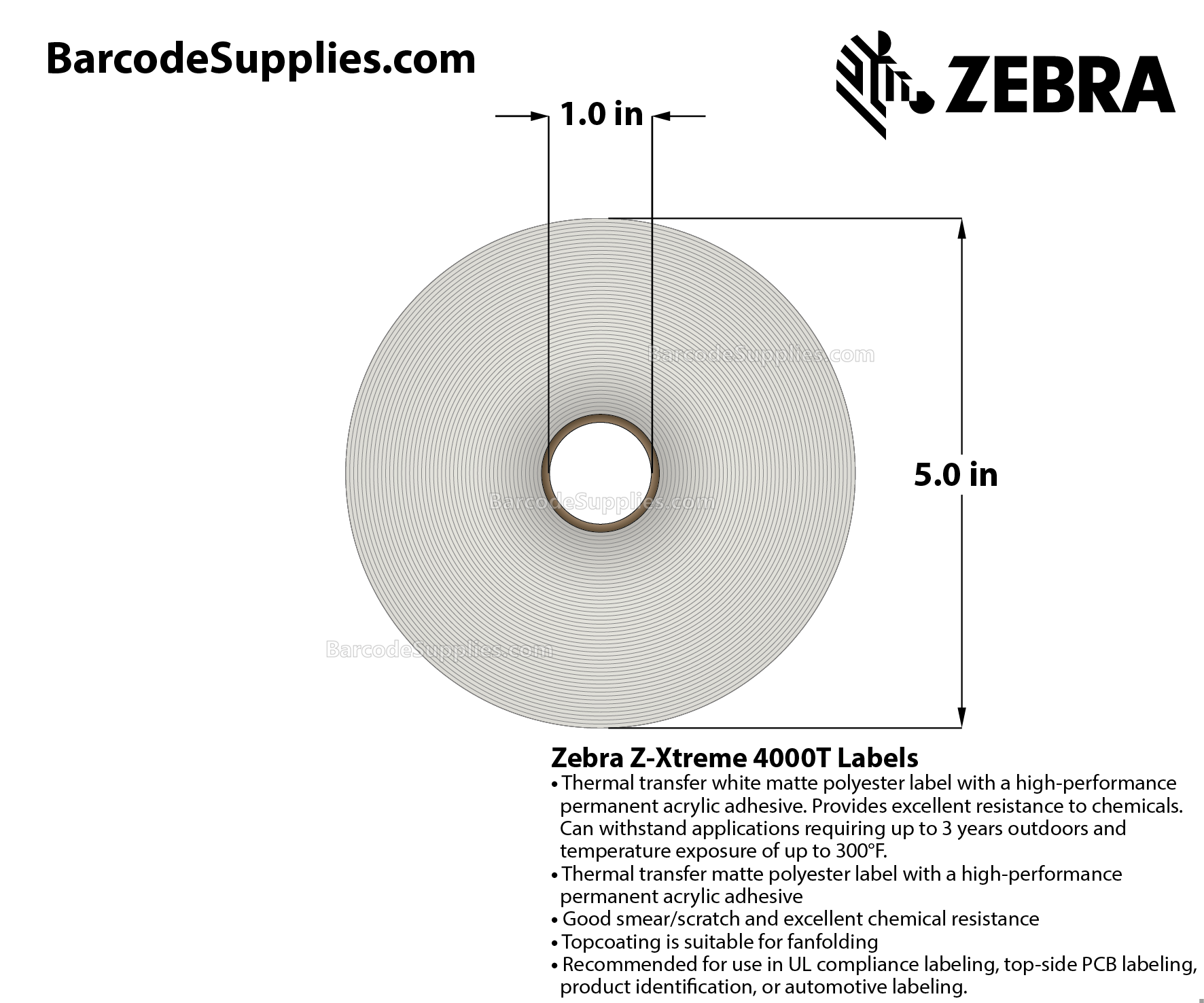 1 x 0.5 Thermal Transfer White Z-Xtreme 4000T White Labels With Permanent Adhesive - Perforated - 3000 Labels Per Roll - Carton Of 1 Rolls - 3000 Labels Total - MPN: 10023341