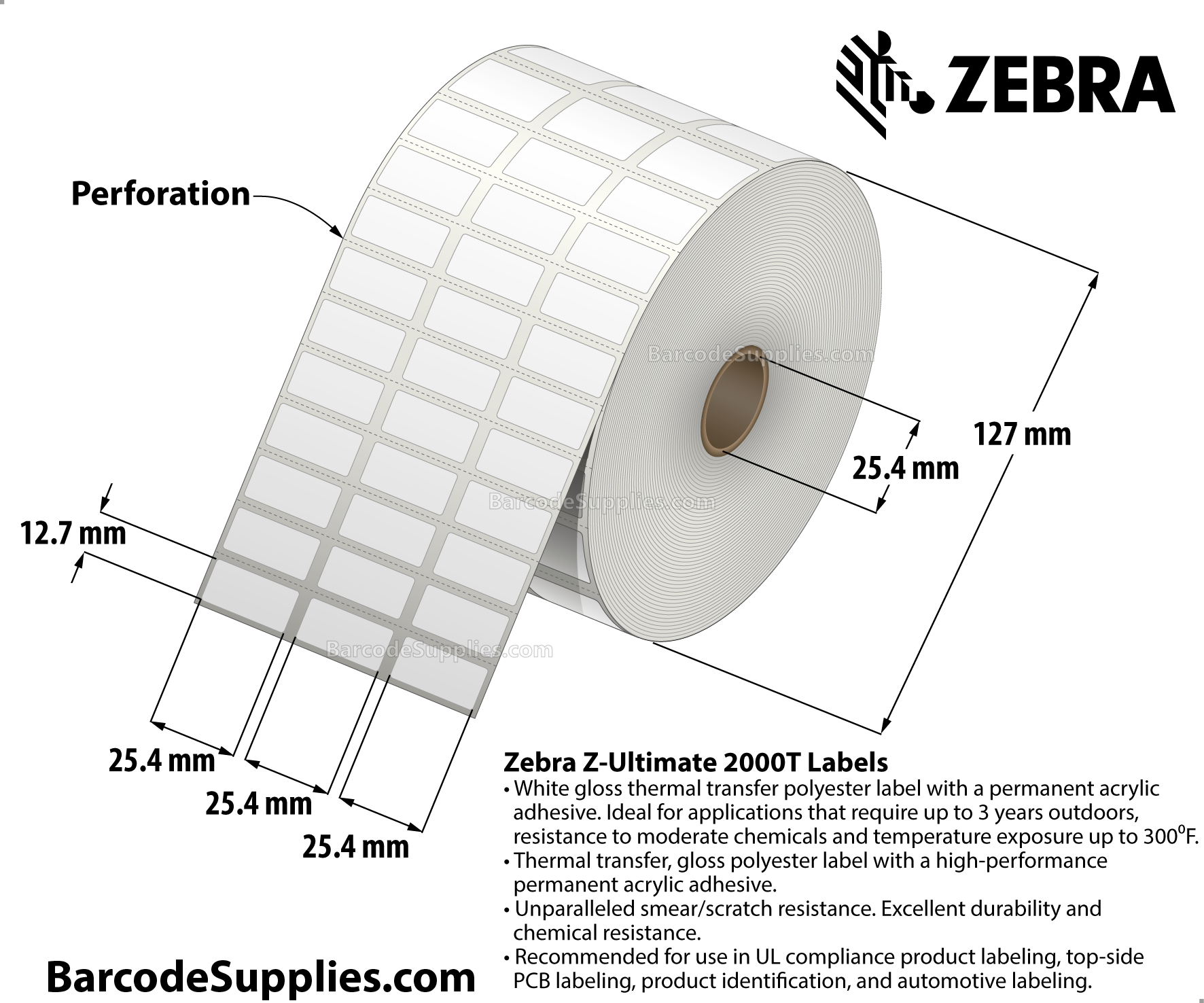 1 x 0.5 Thermal Transfer White Z-Ultimate 2000T (3-Across) Labels With Permanent Adhesive - Perforated - 5001 Labels Per Roll - Carton Of 1 Rolls - 5001 Labels Total - MPN: 10022982