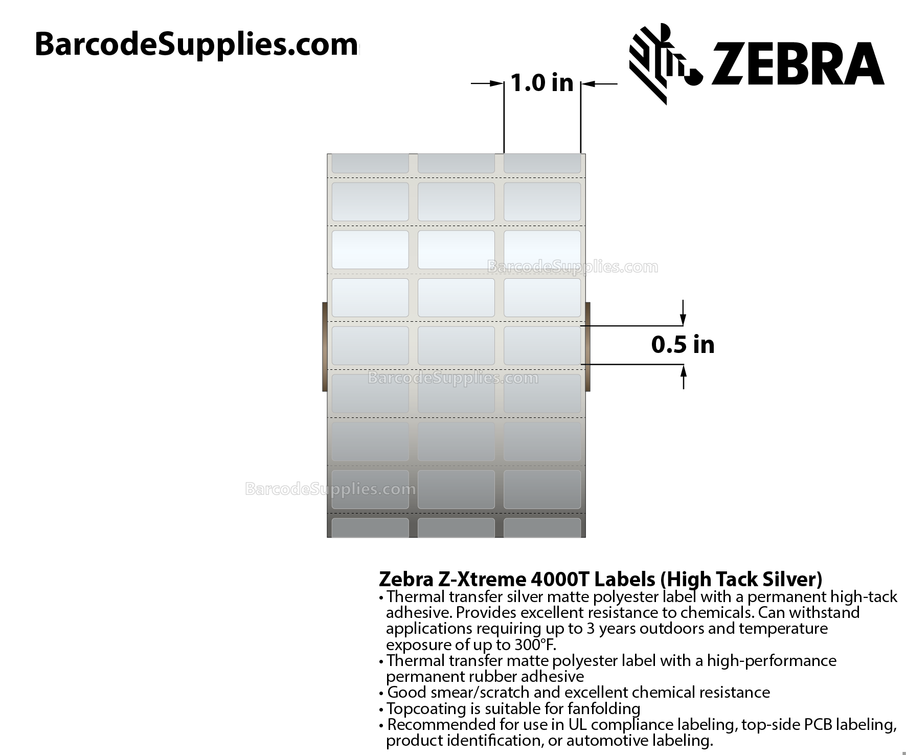 1 x 0.5 Thermal Transfer Silver Z-Xtreme 4000T High-Tack Silver (3-Across) Labels With High-tack Adhesive - Perforated - 5001 Labels Per Roll - Carton Of 1 Rolls - 5001 Labels Total - MPN: 10023169