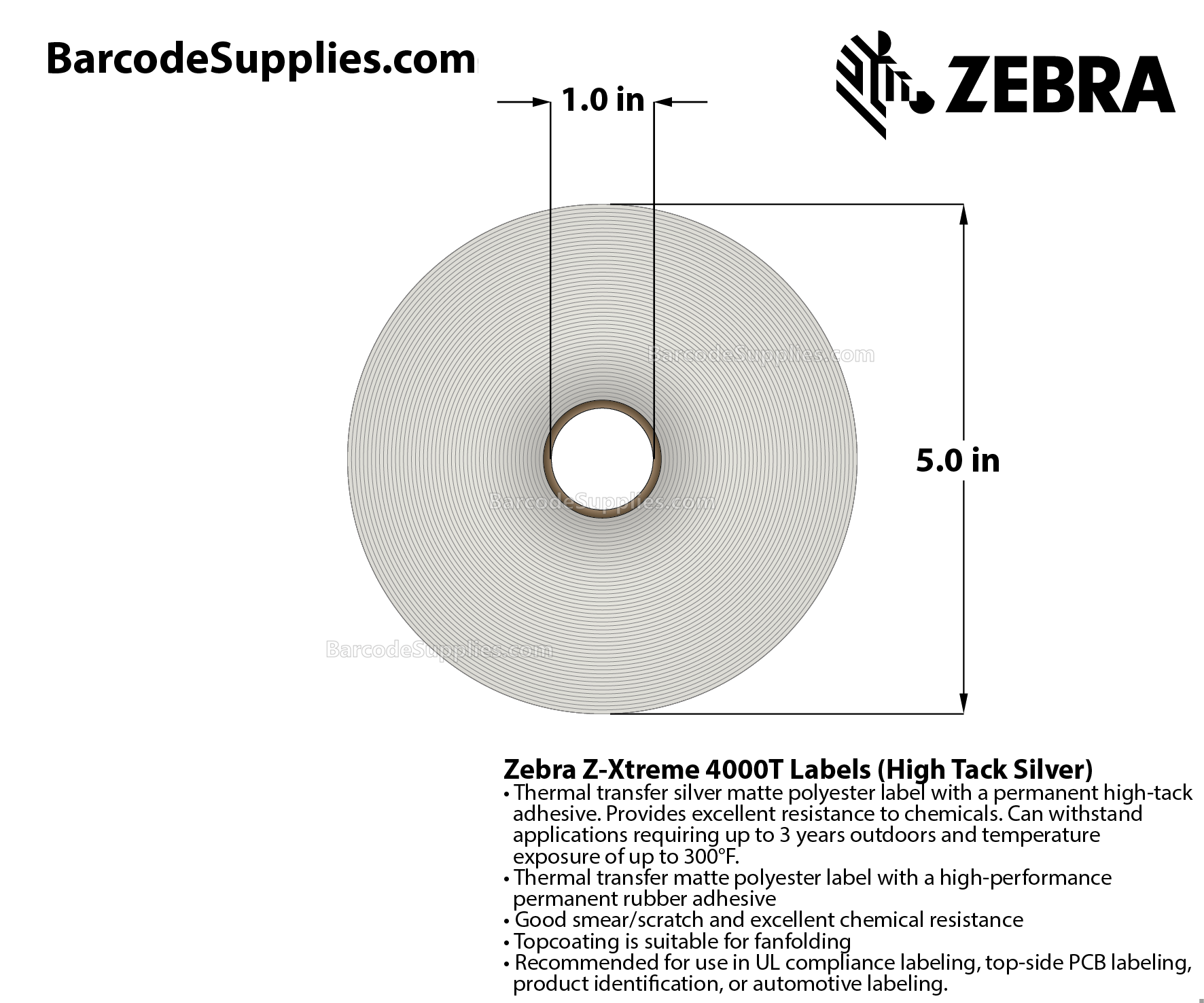 1 x 0.5 Thermal Transfer Silver Z-Xtreme 4000T High-Tack Silver (3-Across) Labels With High-tack Adhesive - Perforated - 5001 Labels Per Roll - Carton Of 1 Rolls - 5001 Labels Total - MPN: 10023169