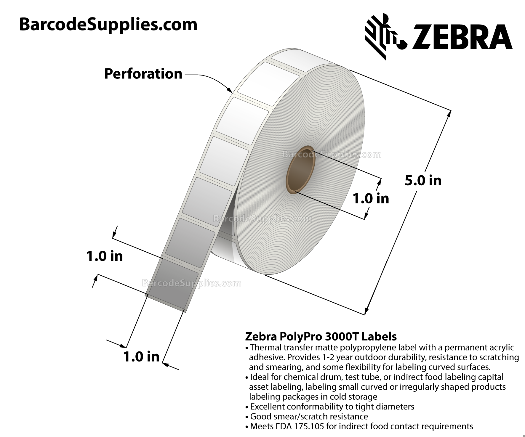 1 x 1 Thermal Transfer White PolyPro 3000T Labels With Permanent Adhesive - Perforated - 2000 Labels Per Roll - Carton Of 1 Rolls - 2000 Labels Total - MPN: 10023328