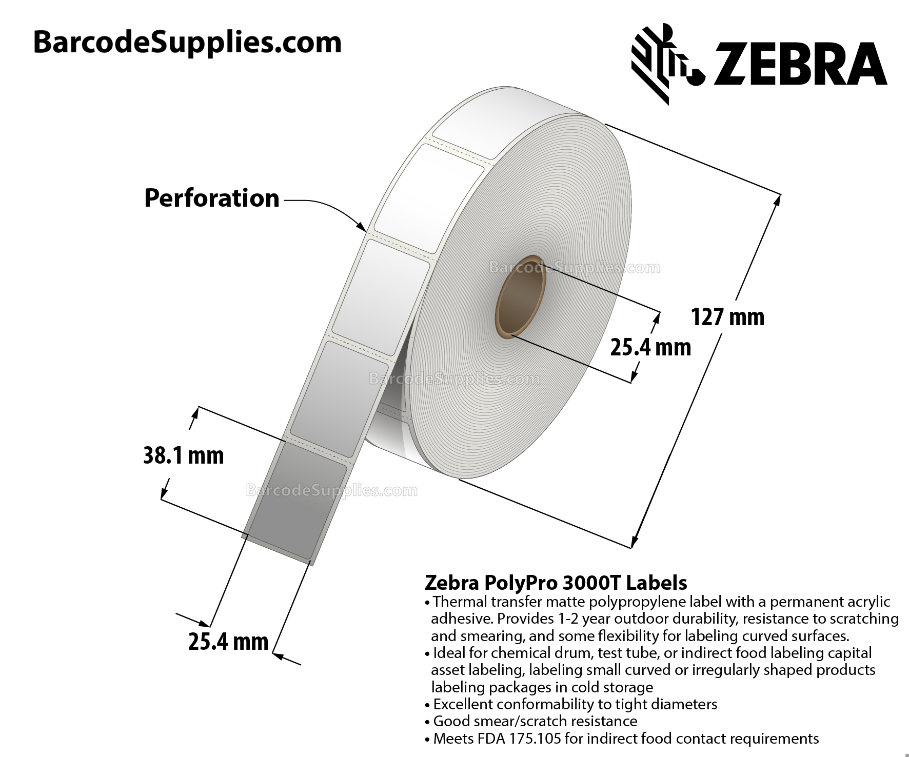 1 x 1.5 Thermal Transfer White PolyPro 3000T Labels With Permanent Adhesive - Perforated - 1450 Labels Per Roll - Carton Of 1 Rolls - 1450 Labels Total - MPN: 10023329