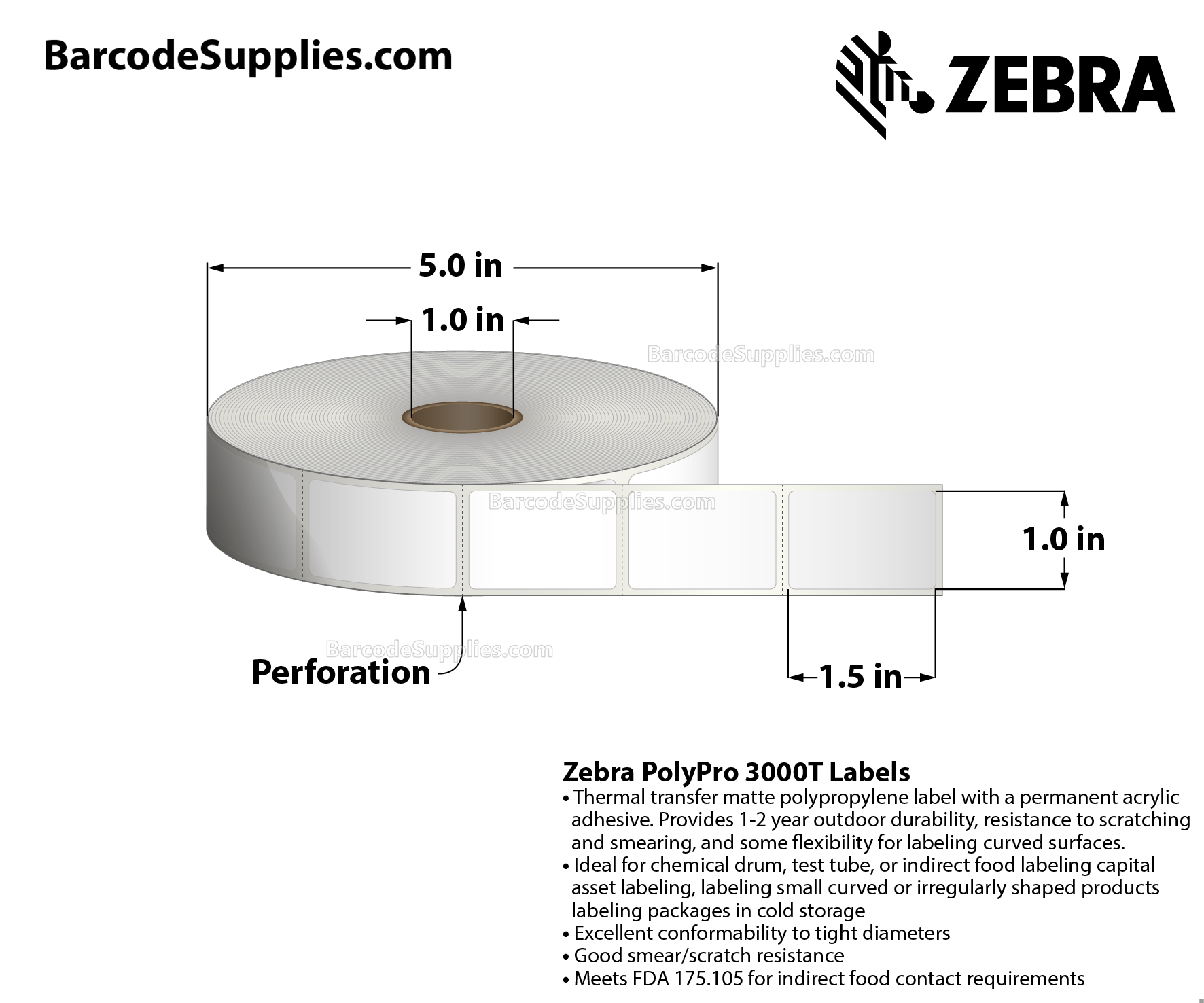 1 x 1.5 Thermal Transfer White PolyPro 3000T Labels With Permanent Adhesive - Perforated - 1450 Labels Per Roll - Carton Of 1 Rolls - 1450 Labels Total - MPN: 10023329