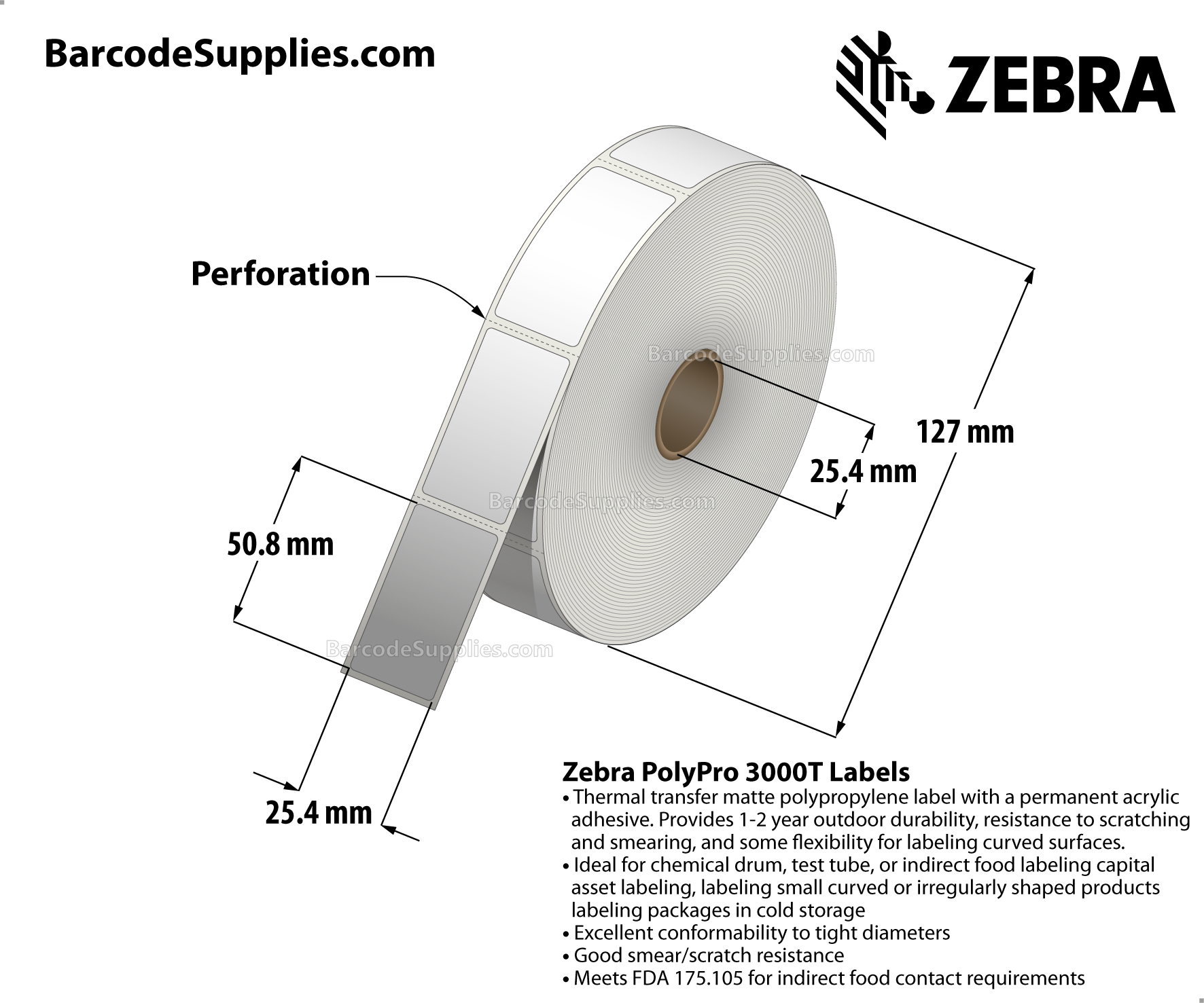 1 x 2 Thermal Transfer White PolyPro 3000T Labels With Permanent Adhesive - Perforated - 1110 Labels Per Roll - Carton Of 1 Rolls - 1110 Labels Total - MPN: 10023332