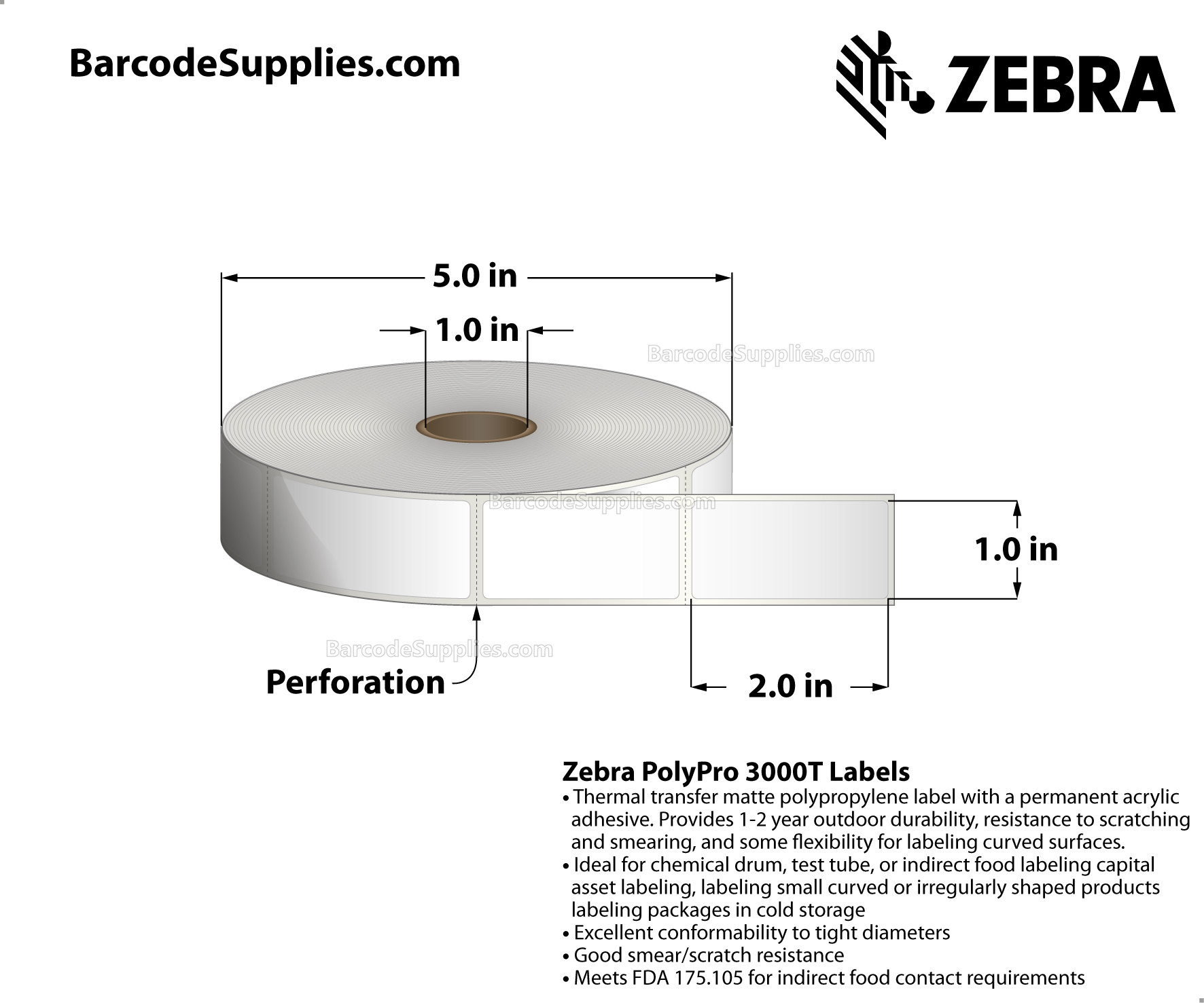 1 x 2 Thermal Transfer White PolyPro 3000T Labels With Permanent Adhesive - Perforated - 1110 Labels Per Roll - Carton Of 1 Rolls - 1110 Labels Total - MPN: 10023332v