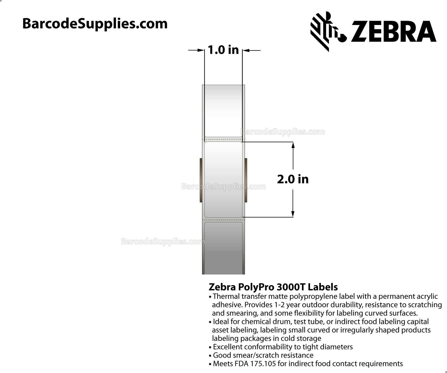 1 x 2 Thermal Transfer White PolyPro 3000T Labels With Permanent Adhesive - Perforated - 1110 Labels Per Roll - Carton Of 1 Rolls - 1110 Labels Total - MPN: 10023332