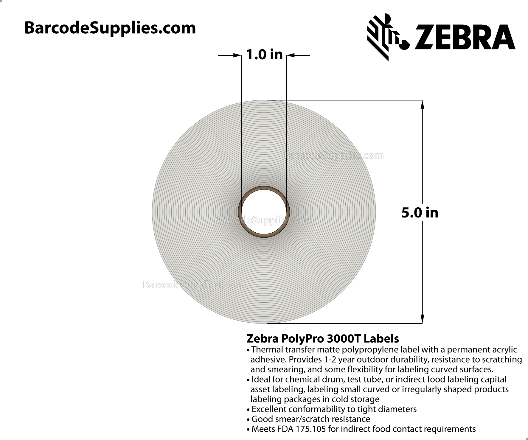 1 x 2 Thermal Transfer White PolyPro 3000T Labels With Permanent Adhesive - Perforated - 1110 Labels Per Roll - Carton Of 1 Rolls - 1110 Labels Total - MPN: 10023332