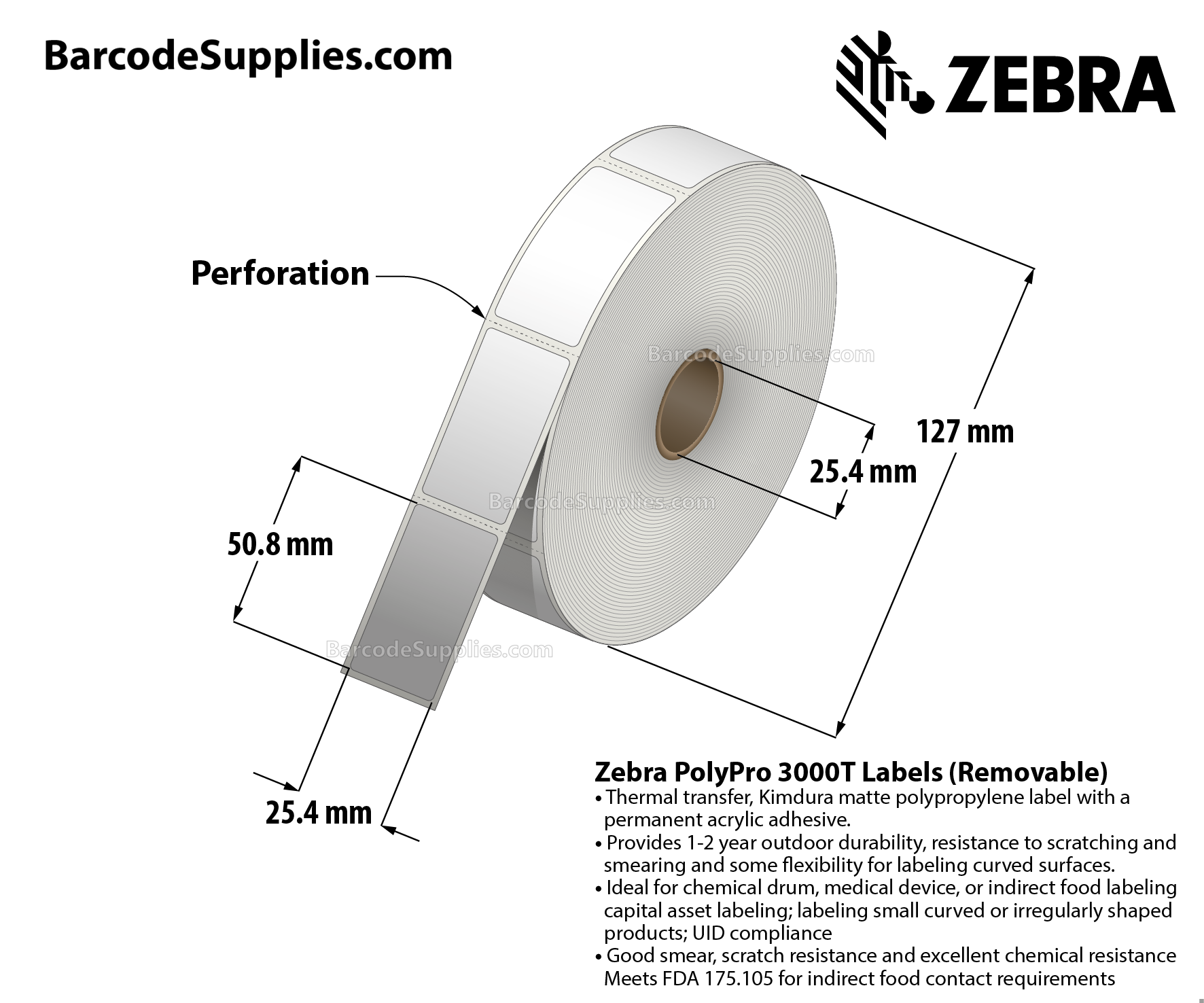 1 x 2 Thermal Transfer White PolyPro 4000T Removable Labels With Removable Adhesive - Perforated - 1025 Labels Per Roll - Carton Of 1 Rolls - 1025 Labels Total - MPN: 10022931