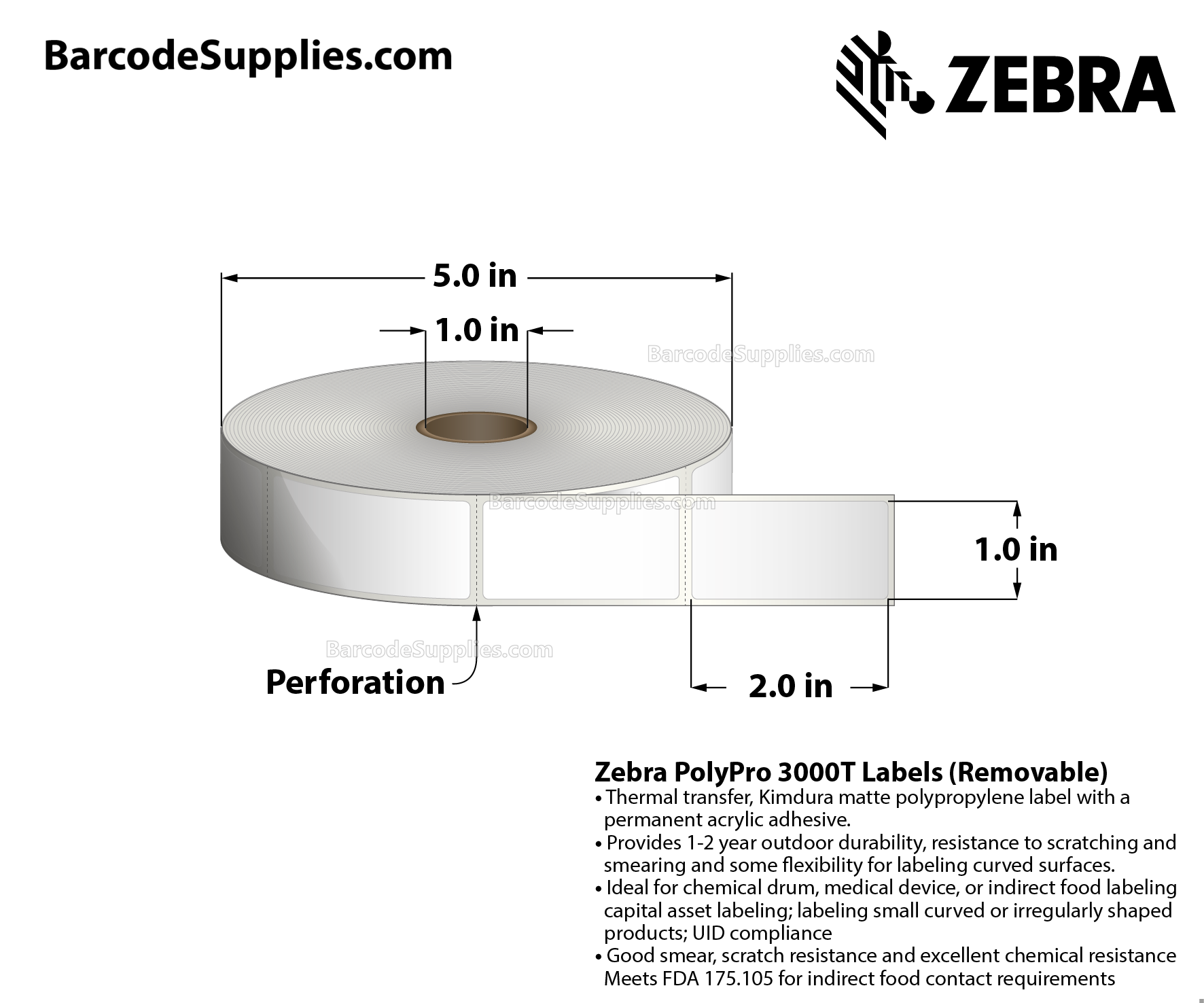 1 x 2 Thermal Transfer White PolyPro 4000T Removable Labels With Removable Adhesive - Perforated - 1025 Labels Per Roll - Carton Of 1 Rolls - 1025 Labels Total - MPN: 10022931