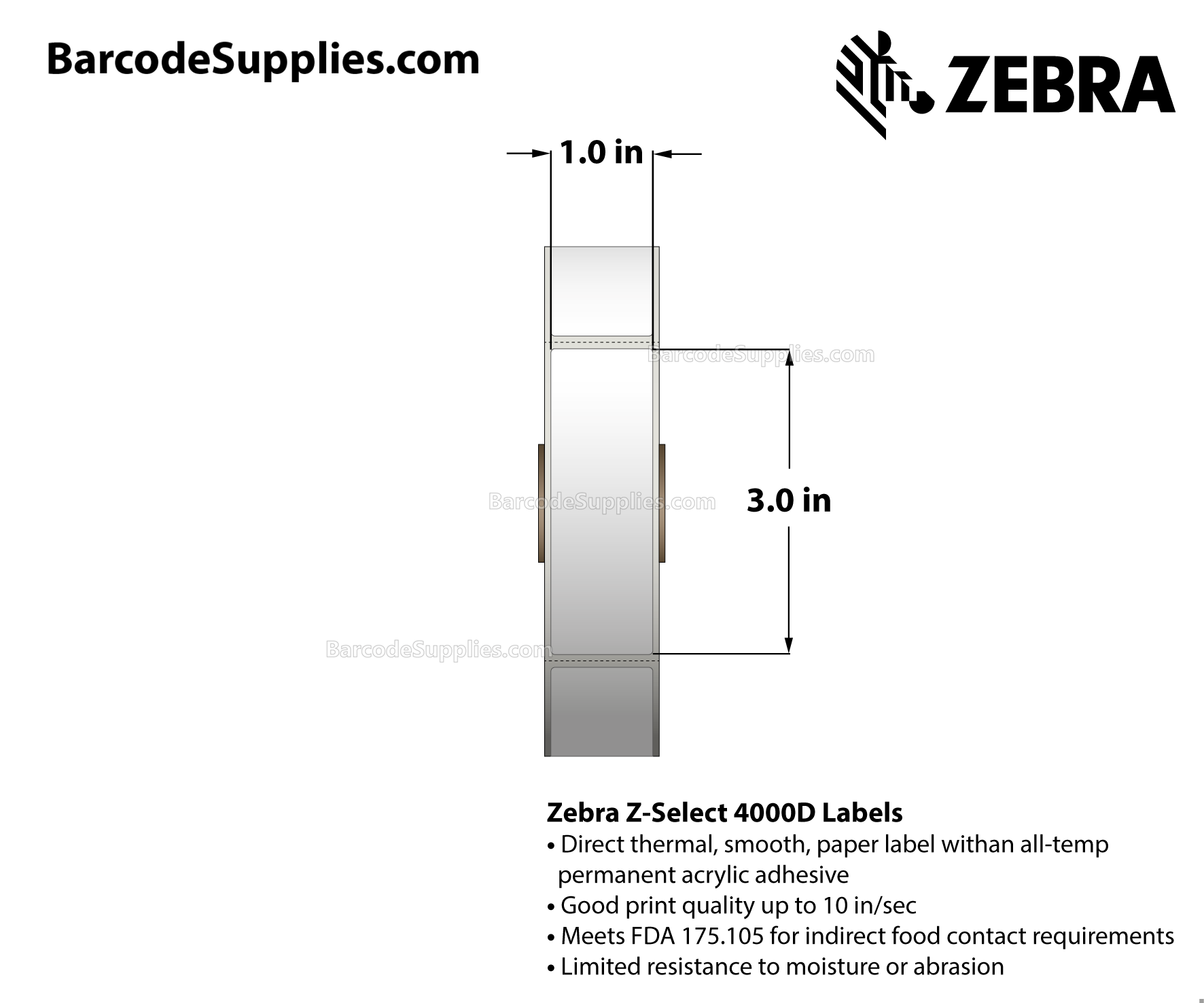 1 x 3 Direct Thermal White Z-Select 4000D Labels With All-Temp Adhesive - Perforated - 840 Labels Per Roll - Carton Of 6 Rolls - 5040 Labels Total - MPN: 10010036