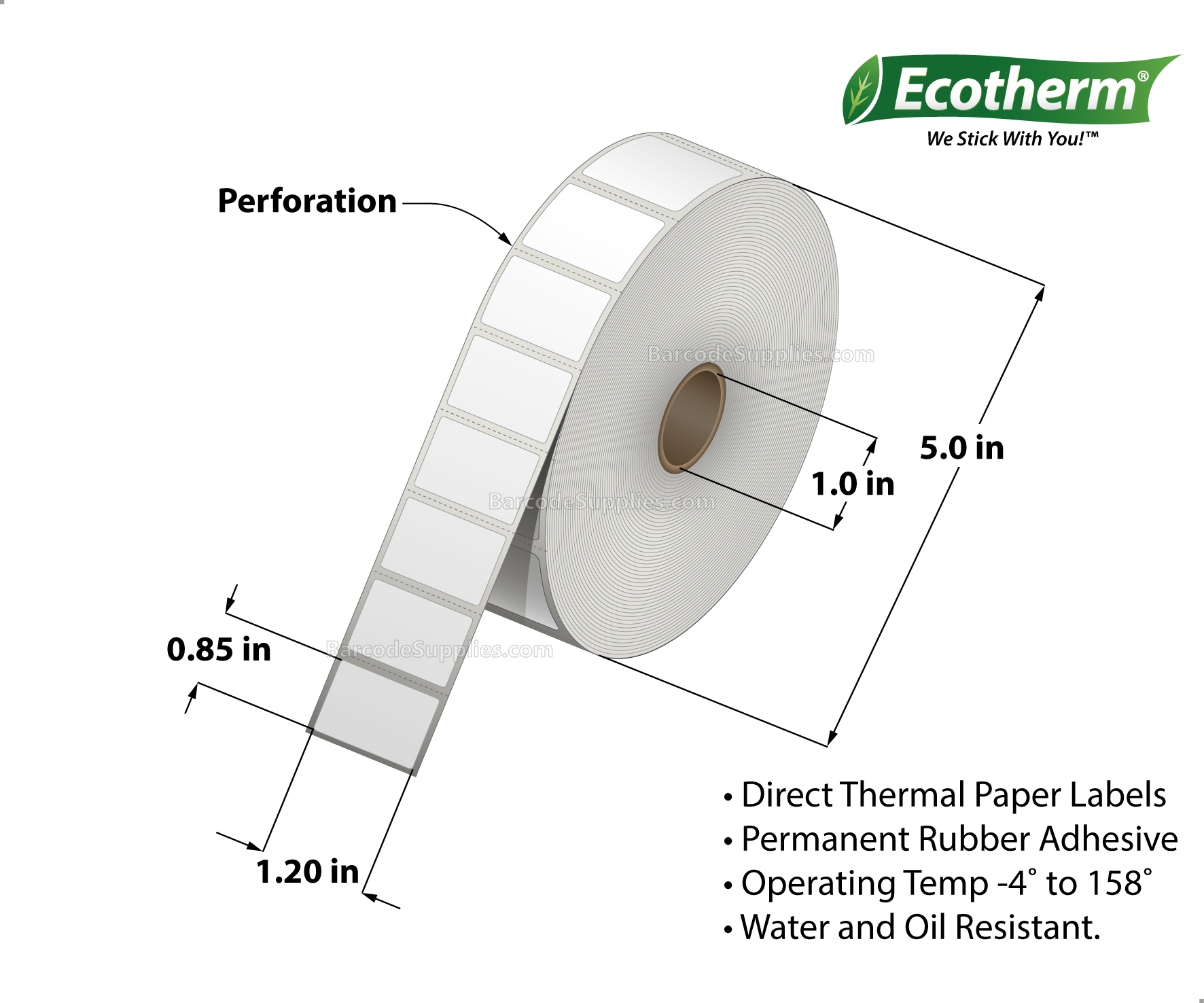 1.2 x 0.85 Direct Thermal White Labels With Rubber Adhesive - Perforated - 2710 Labels Per Roll - Carton Of 6 Rolls - 16260 Labels Total - MPN: ECOTHERM15113-6