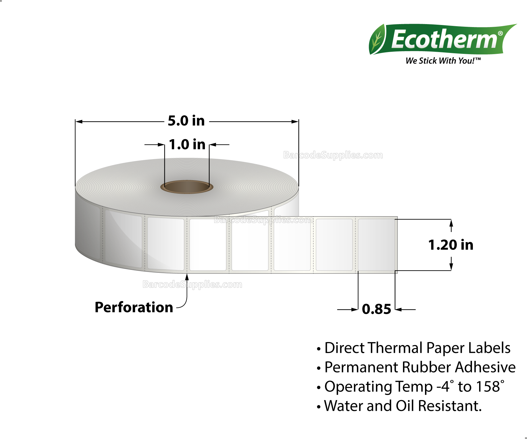 1.2 x 0.85 Direct Thermal White Labels With Rubber Adhesive - Perforated - 2710 Labels Per Roll - Carton Of 6 Rolls - 16260 Labels Total - MPN: ECOTHERM15113-6