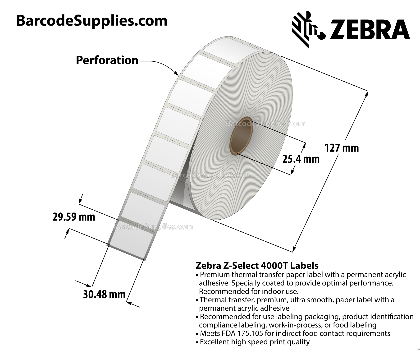 1.2 x 0.85 Thermal Transfer White Z-Select 4000T Labels With Permanent Adhesive - Perforated - 3000 Labels Per Roll - Carton Of 6 Rolls - 18000 Labels Total - MPN: 10009522