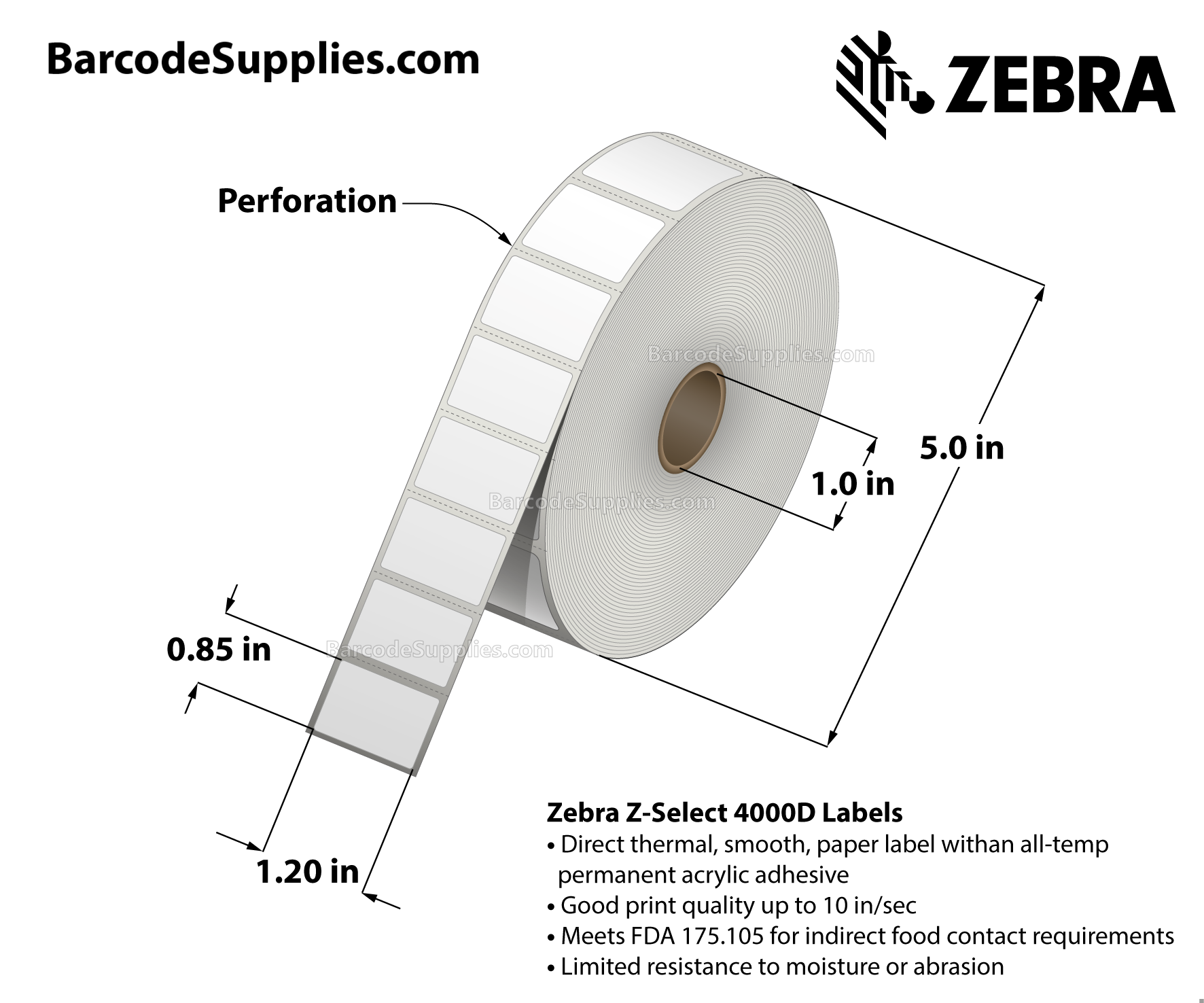 1.2 x 0.85 Direct Thermal White Z-Select 4000D Labels With All-Temp Adhesive - Perforated - 2710 Labels Per Roll - Carton Of 6 Rolls - 16260 Labels Total - MPN: 10010037