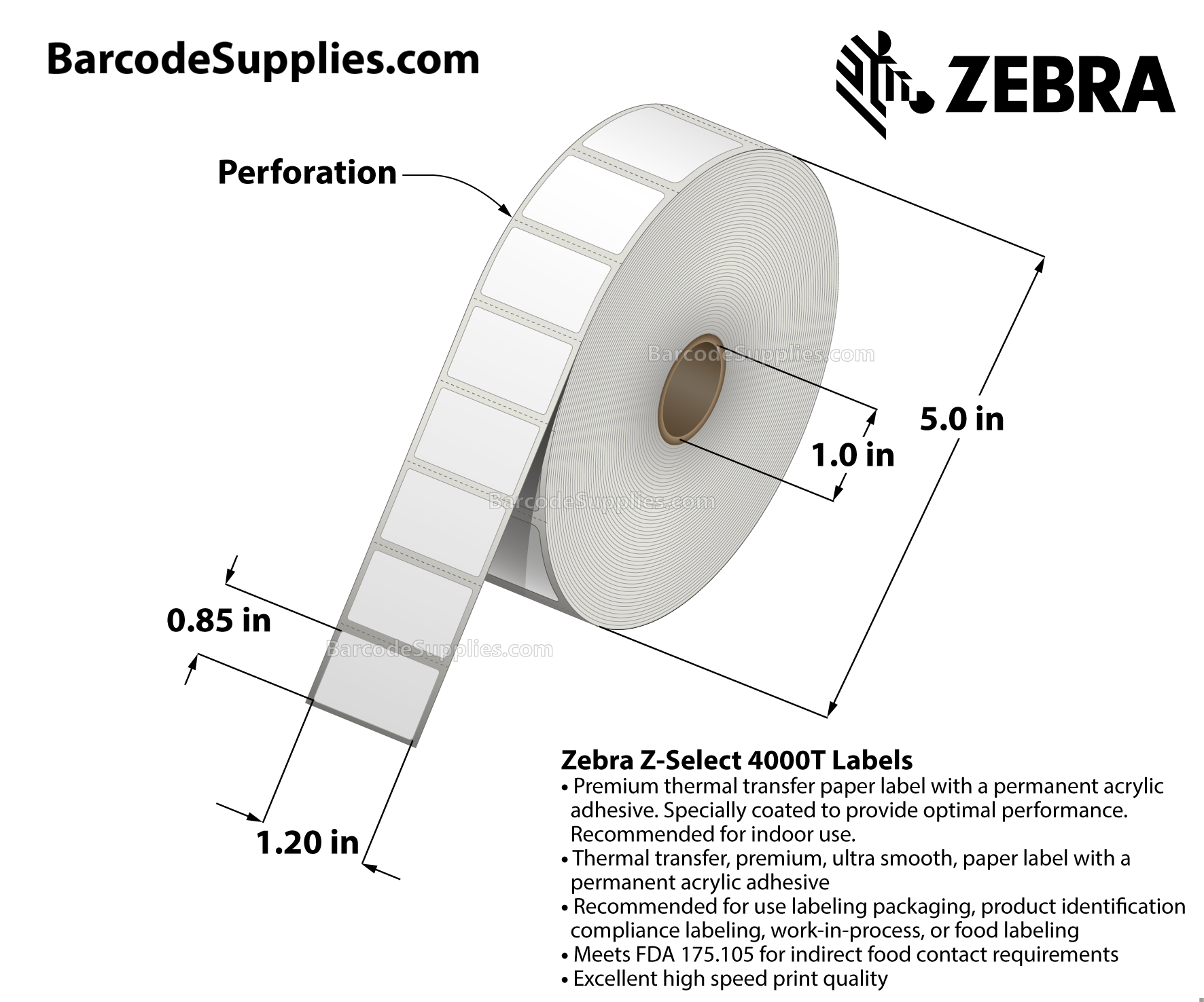 1.2 x 0.85 Thermal Transfer White Z-Select 4000T Labels With Permanent Adhesive - Perforated - 3000 Labels Per Roll - Carton Of 6 Rolls - 18000 Labels Total - MPN: 10009522