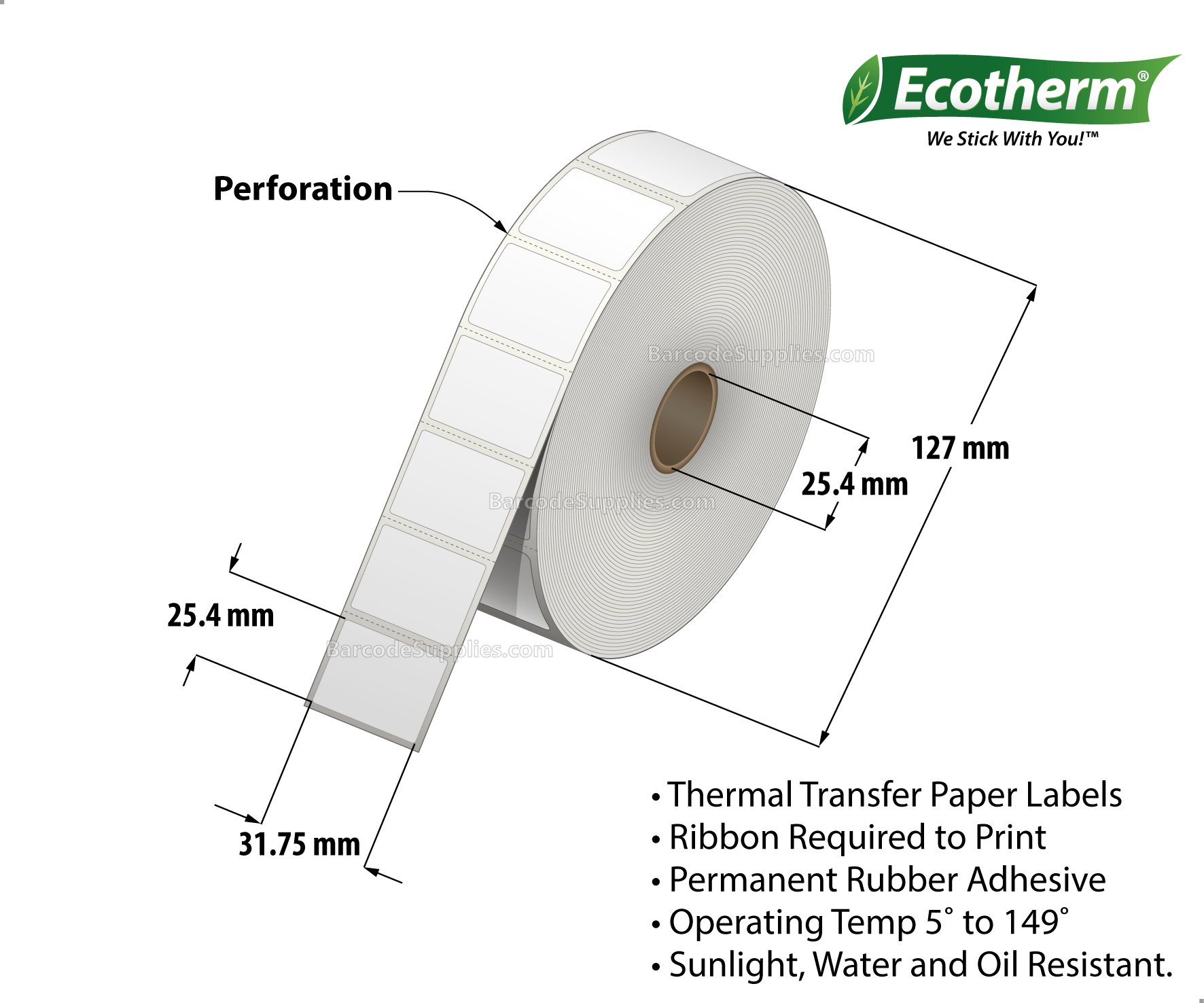 1.25 x 1 Thermal Transfer White Labels With Rubber Adhesive - Perforated - 2580 Labels Per Roll - Carton Of 6 Rolls - 15480 Labels Total - MPN: ECOTHERM25101-6