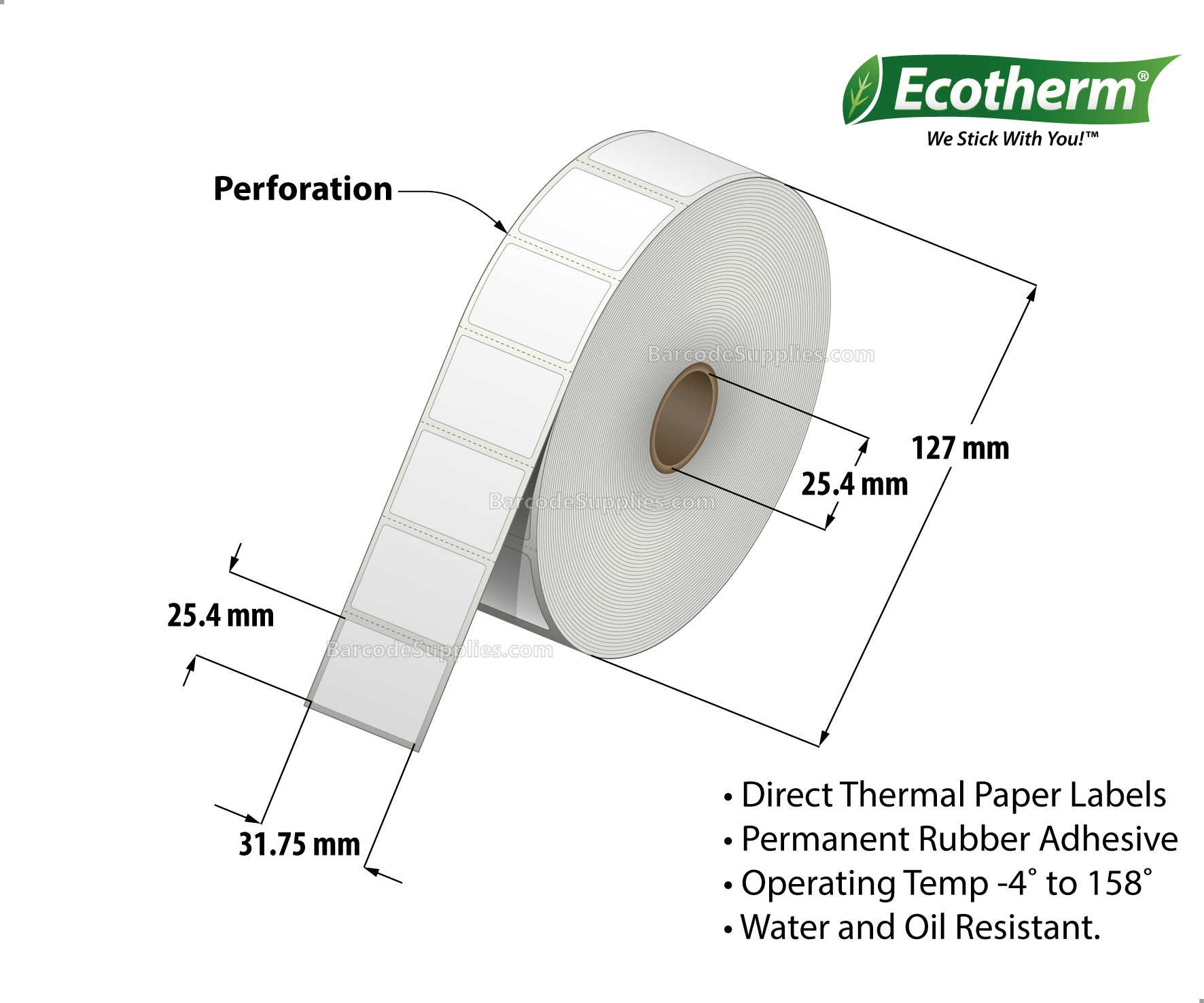 1.25 x 1 Direct Thermal White Labels With Rubber Adhesive - Perforated - 2340 Labels Per Roll - Carton Of 6 Rolls - 14040 Labels Total - MPN: ECOTHERM15114-6