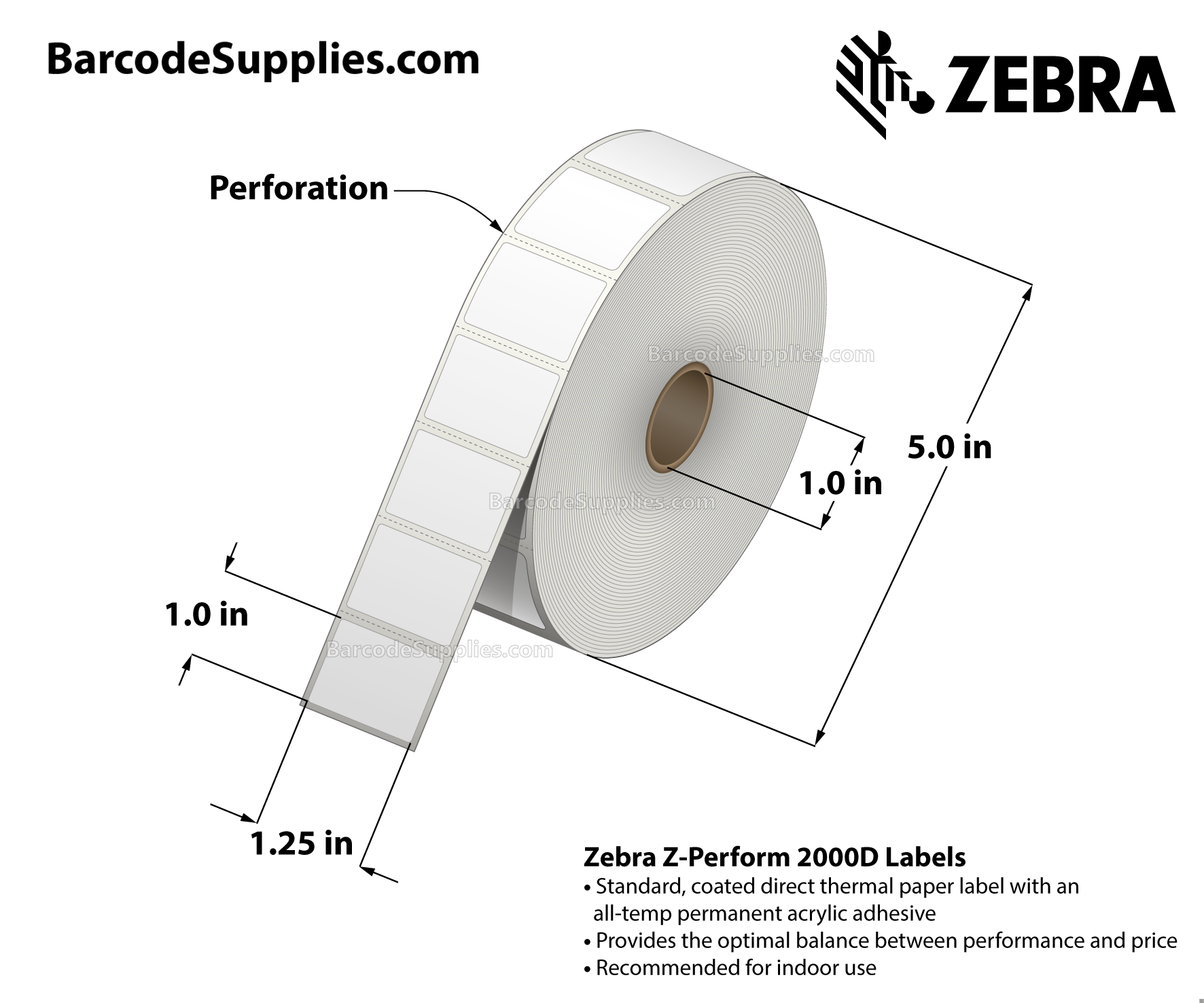 1.25 x 1 Direct Thermal White Z-Perform 2000D Labels With All-Temp Adhesive - Perforated - 2340 Labels Per Roll - Carton Of 6 Rolls - 14040 Labels Total - MPN: 10015784