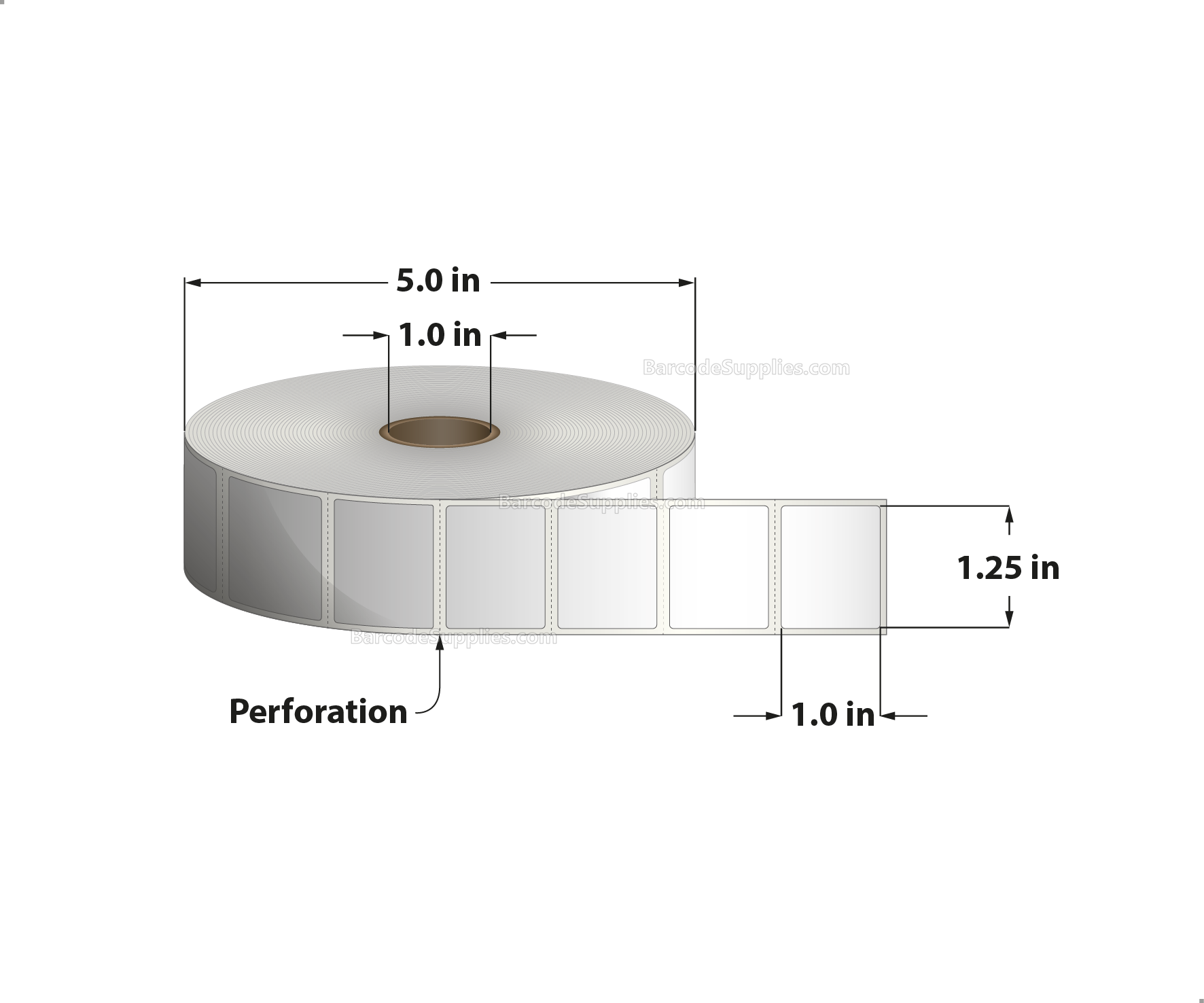 1.25 x 1 Thermal Transfer White Labels With Permanent Acrylic Adhesive - Perforated - 2300 Labels Per Roll - Carton Of 4 Rolls - 9200 Labels Total - MPN: TH1251-1PTTPOLY