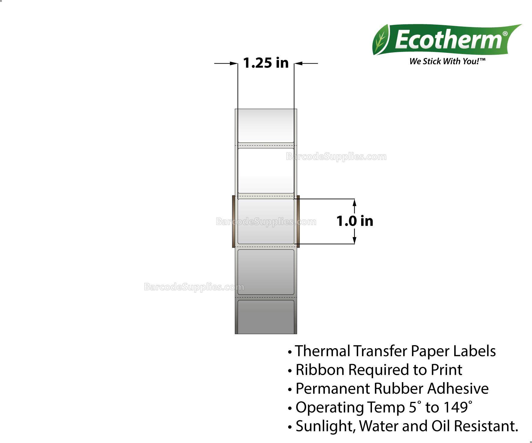 1.25 x 1 Thermal Transfer White Labels With Rubber Adhesive - Perforated - 2580 Labels Per Roll - Carton Of 6 Rolls - 15480 Labels Total - MPN: ECOTHERM25101-6