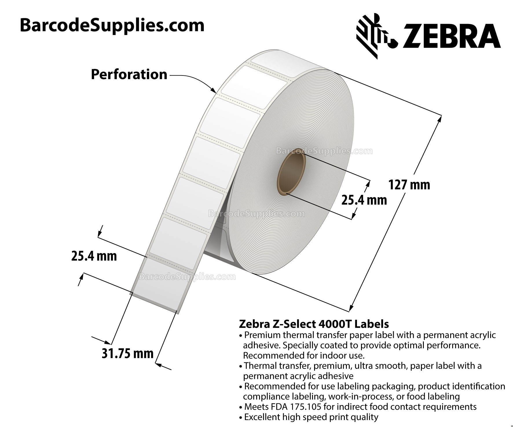 1.25 x 1 Thermal Transfer White Z-Select 4000T Labels With Permanent Adhesive - Perforated - 2580 Labels Per Roll - Carton Of 6 Rolls - 15480 Labels Total - MPN: 10009523