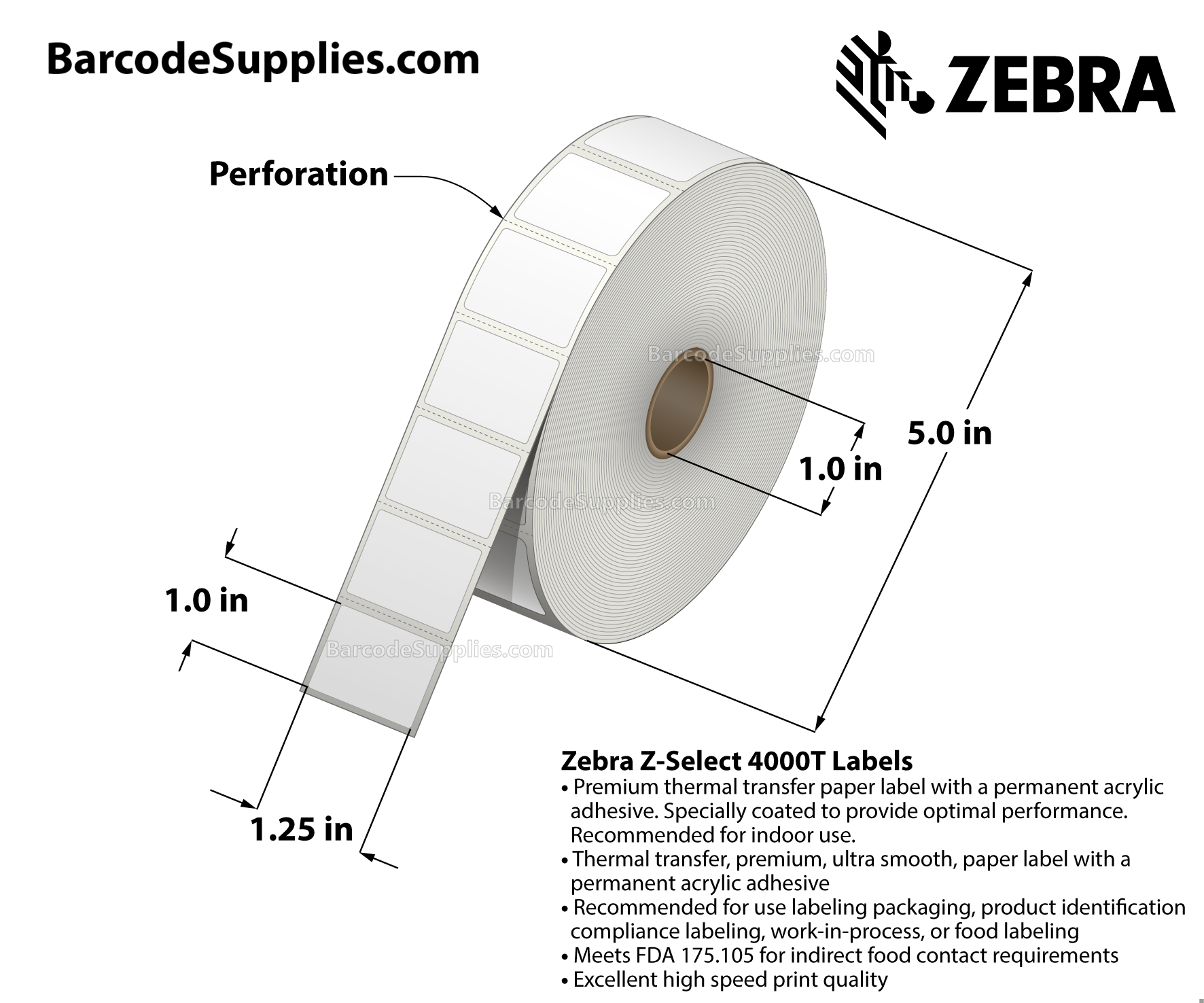 1.25 x 1 Thermal Transfer White Z-Select 4000T Labels With Permanent Adhesive - Perforated - 2580 Labels Per Roll - Carton Of 6 Rolls - 15480 Labels Total - MPN: 10009523
