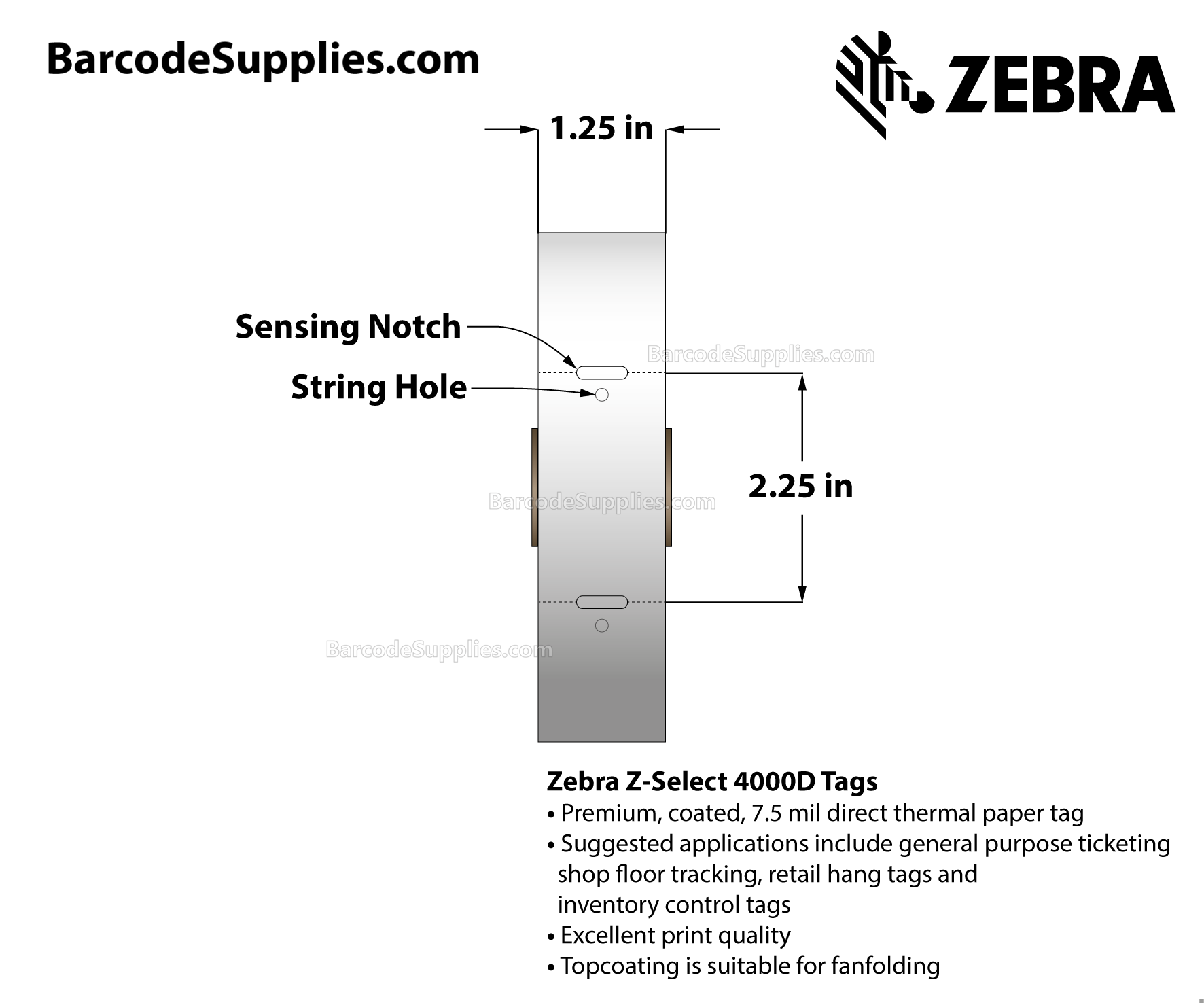 1.25 x 2.25 Direct Thermal White Z-Select 4000D 7 mil Tag Tags With No Adhesive - Contains sensing notch and stringhole - Perforated - 980 Tags Per Roll - Carton Of 6 Rolls - 5880 Tags Total - MPN: 10010053