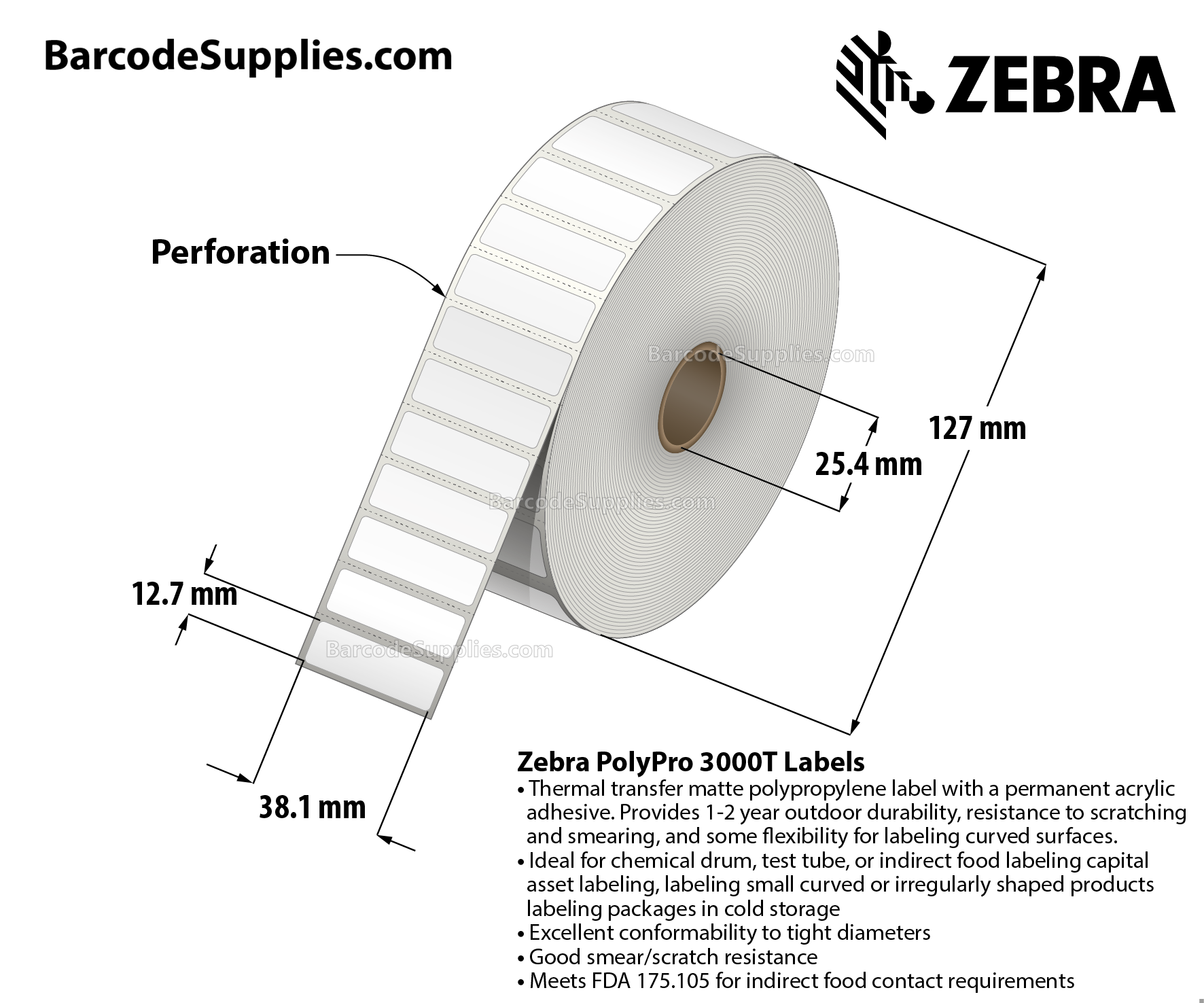 1.5 x 0.5 Thermal Transfer White PolyPro 3000T Labels With Permanent Adhesive - - Perforated - 3780 Labels Per Roll - Carton Of 8 Rolls - 30240 Labels Total - MPN: 18930