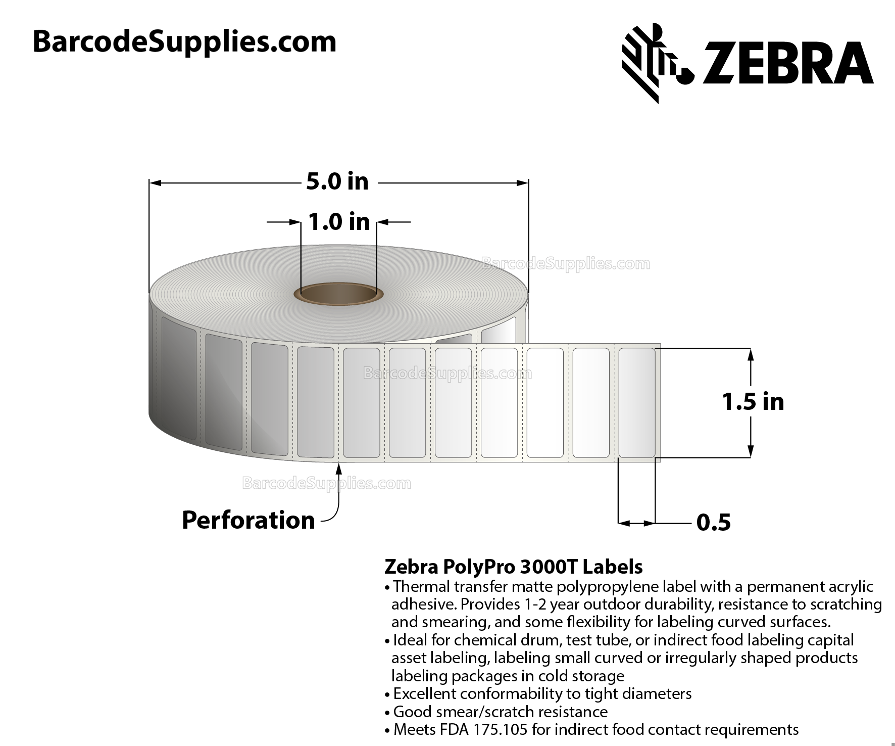 1.5 x 0.5 Thermal Transfer White PolyPro 3000T Labels With Permanent Adhesive - - Perforated - 3780 Labels Per Roll - Carton Of 8 Rolls - 30240 Labels Total - MPN: 18930