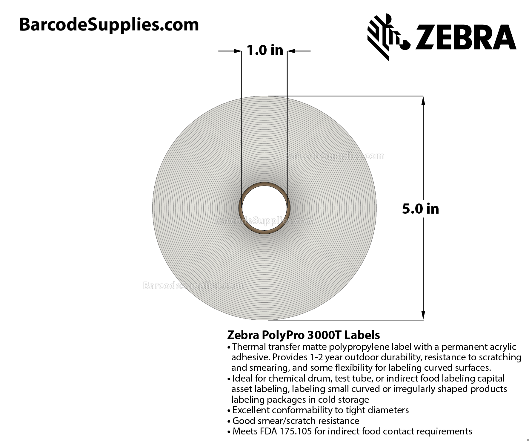 1.5 x 0.5 Thermal Transfer White PolyPro 3000T Labels With Permanent Adhesive - - Perforated - 3780 Labels Per Roll - Carton Of 8 Rolls - 30240 Labels Total - MPN: 18930