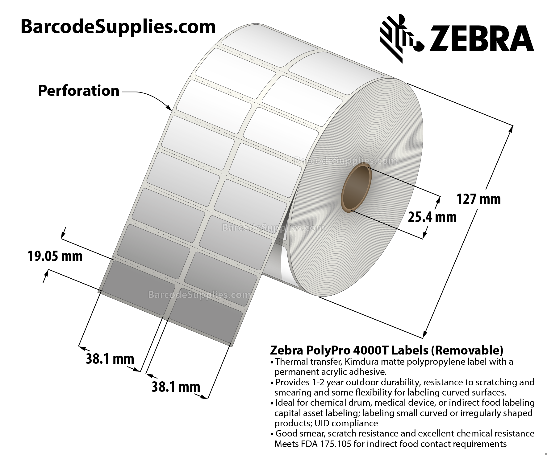1.5 x 0.75 Thermal Transfer White PolyPro 4000T Removable (2-Across) Labels With Removable Adhesive - Perforated - 1500 Labels Per Roll - Carton Of 1 Rolls - 1500 Labels Total - MPN: 10022933