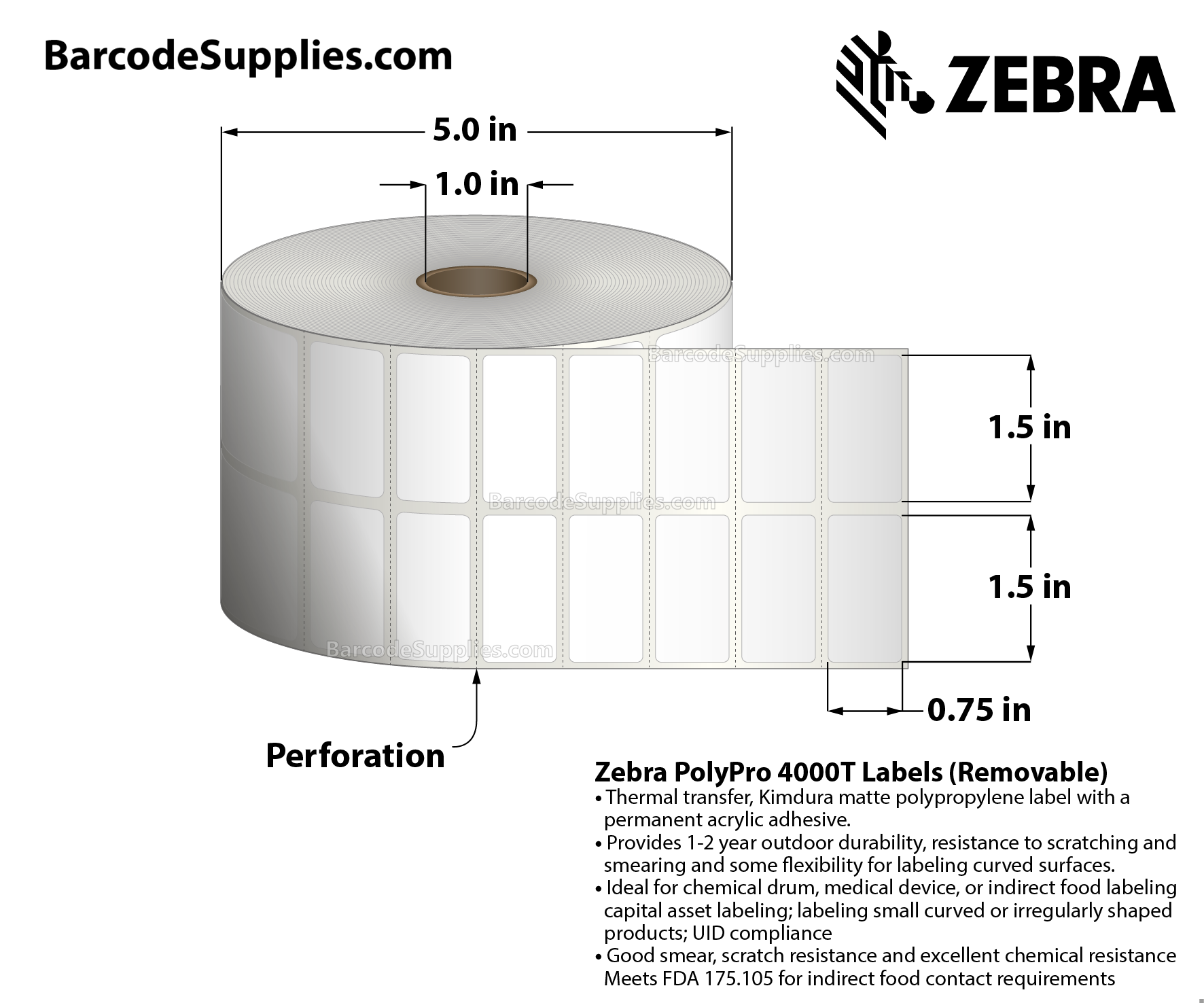 1.5 x 0.75 Thermal Transfer White PolyPro 4000T Removable (2-Across) Labels With Removable Adhesive - Perforated - 1500 Labels Per Roll - Carton Of 1 Rolls - 1500 Labels Total - MPN: 10022933