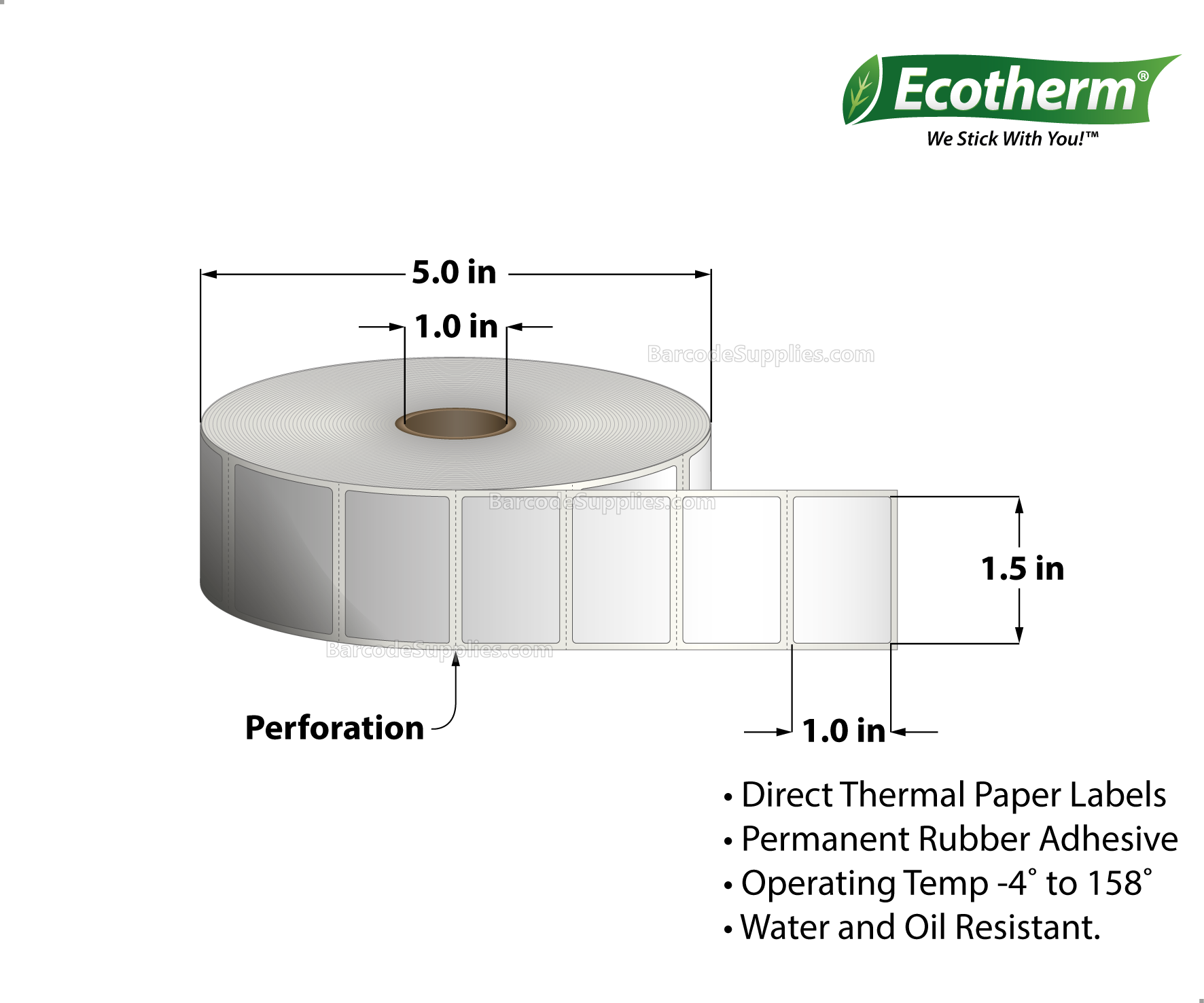 Products 1.5 x 1 Direct Thermal White Labels With Rubber Adhesive - Perforated - 1325 Labels Per Roll - Carton Of 6 Rolls - 11400 Labels Total - MPN: ECOTHERM15158-6