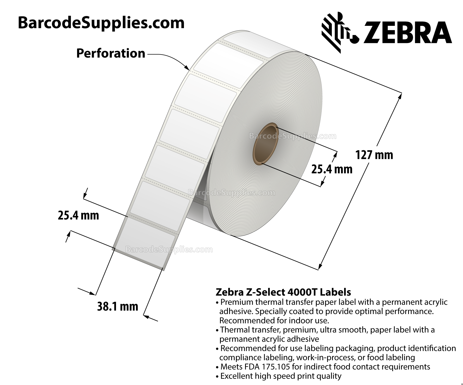 1.5 x 1 Thermal Transfer White Z-Select 4000T Labels With Permanent Adhesive - Perforated - 2260 Labels Per Roll - Carton Of 8 Rolls - 18080 Labels Total - MPN: 83258
