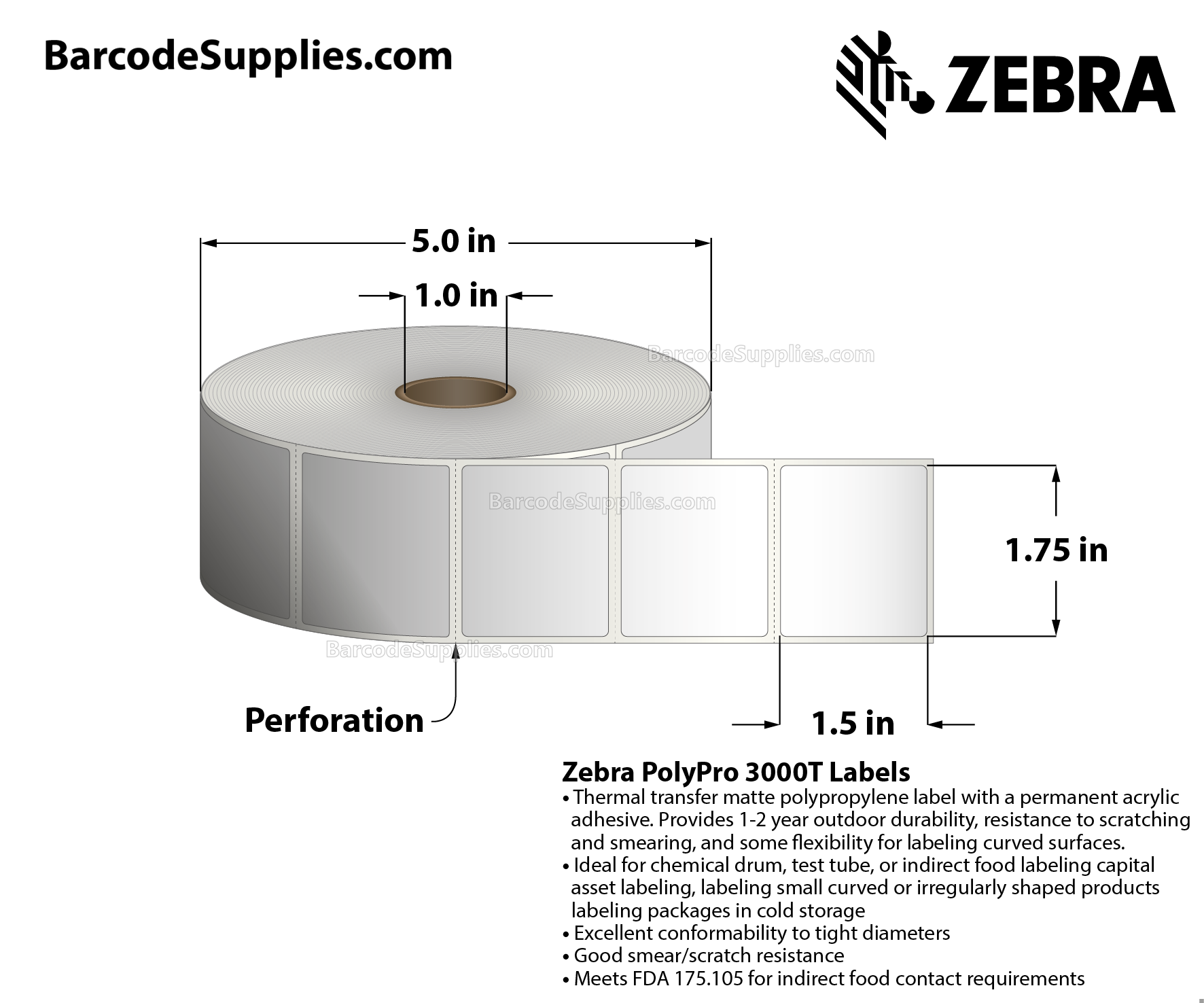 1.75 x 1.5 Thermal Transfer White PolyPro 3000T Labels With Permanent Adhesive - Perforated - 1450 Labels Per Roll - Carton Of 1 Rolls - 1450 Labels Total - MPN: 10023333