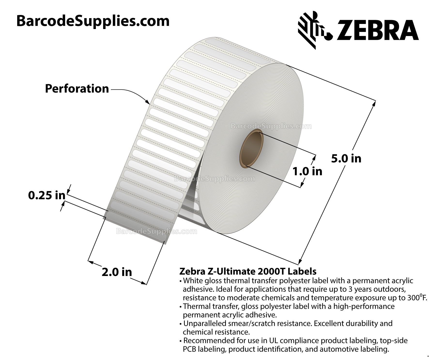 2 x 0.25 Thermal Transfer White Z-Ultimate 2000T Labels With Permanent Adhesive - Perforated - 2500 Labels Per Roll - Carton Of 1 Rolls - 2500 Labels Total - MPN: 10023033