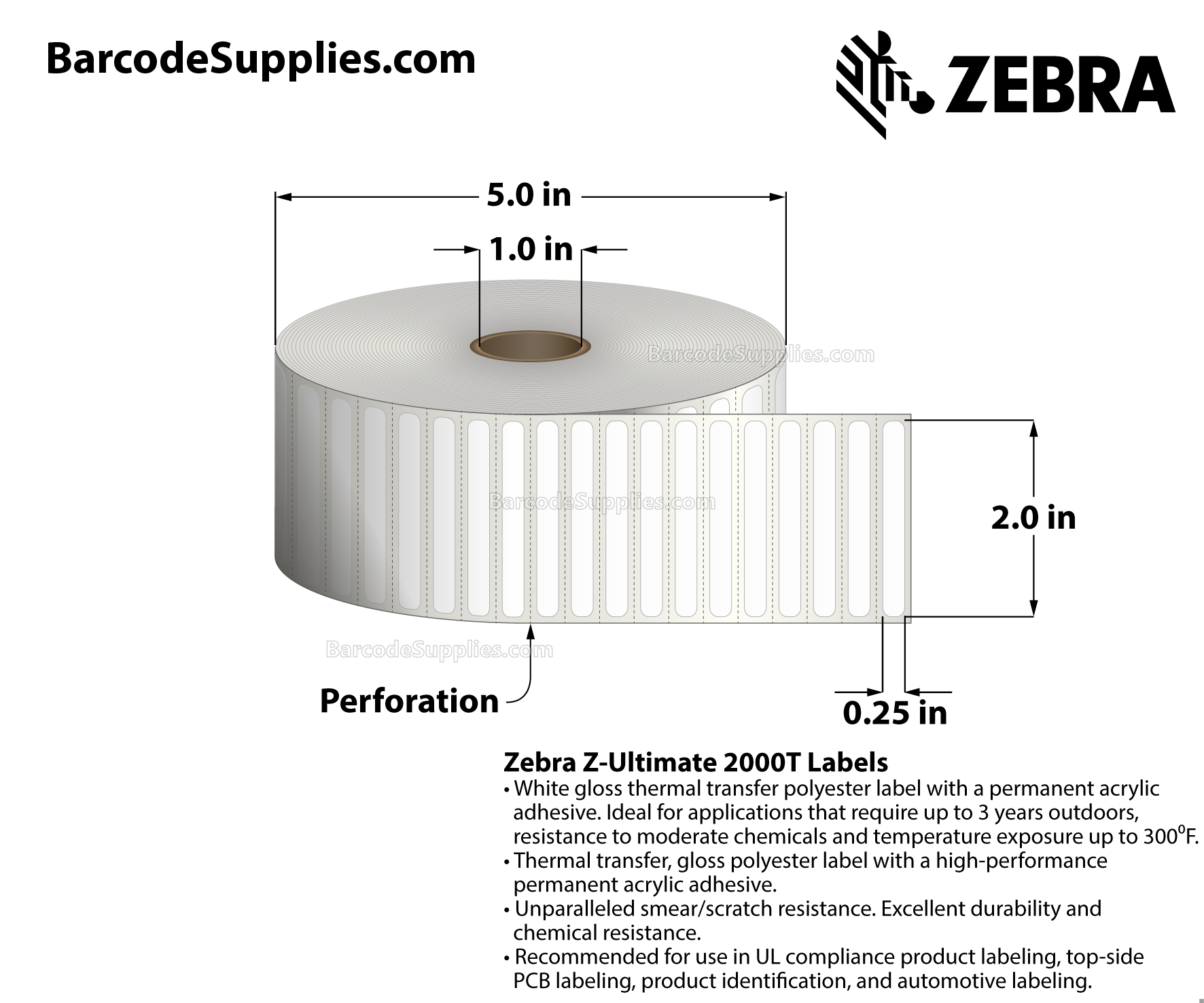 2 x 0.25 Thermal Transfer White Z-Ultimate 2000T Labels With Permanent Adhesive - Perforated - 2500 Labels Per Roll - Carton Of 1 Rolls - 2500 Labels Total - MPN: 10023033