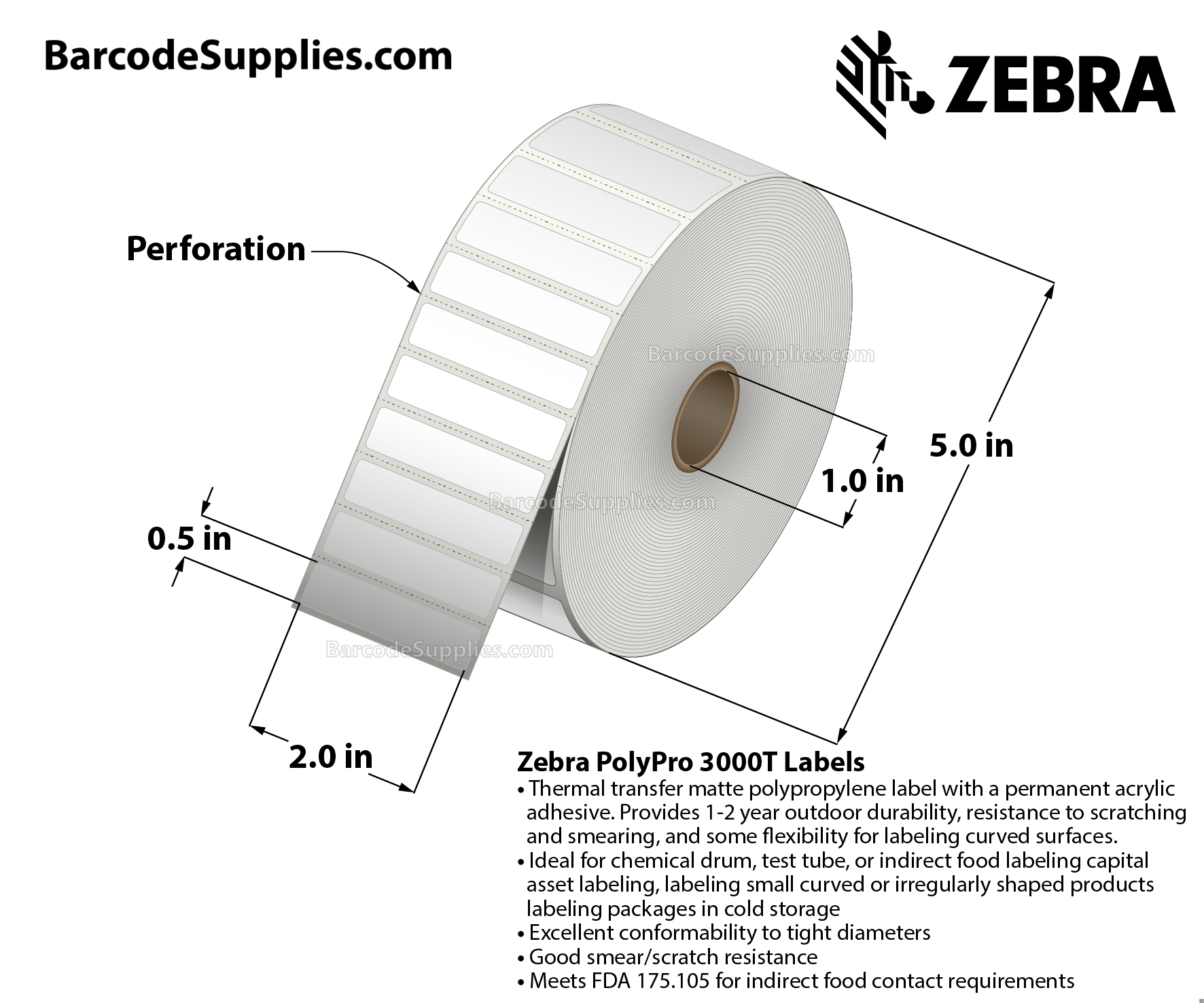 2 x 0.5 Thermal Transfer White PolyPro 3000T Labels With Permanent Adhesive - Perforated - 3780 Labels Per Roll - Carton Of 8 Rolls - 30240 Labels Total - MPN: 18928