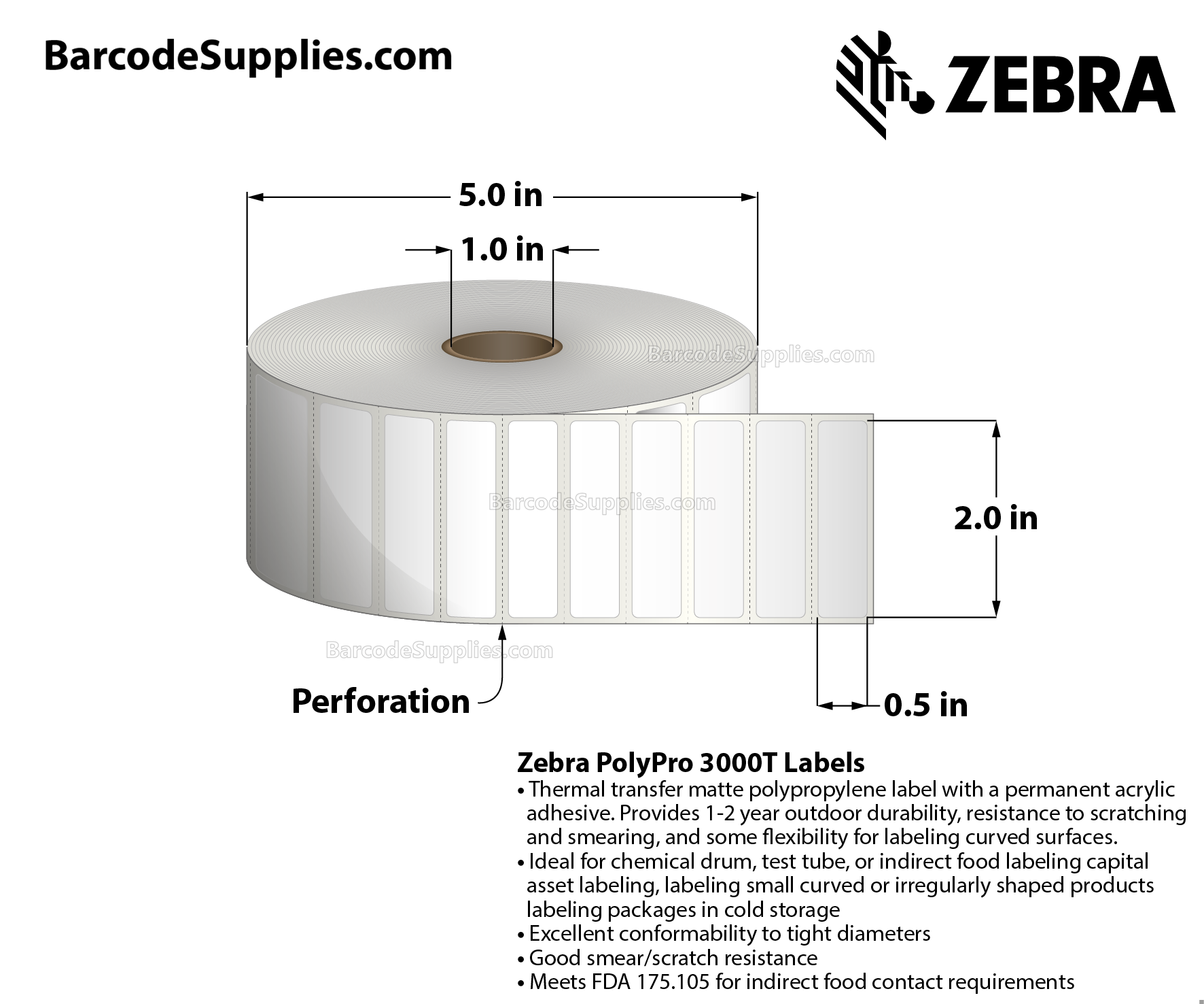 2 x 0.5 Thermal Transfer White PolyPro 3000T Labels With Permanent Adhesive - Perforated - 3780 Labels Per Roll - Carton Of 8 Rolls - 30240 Labels Total - MPN: 18928