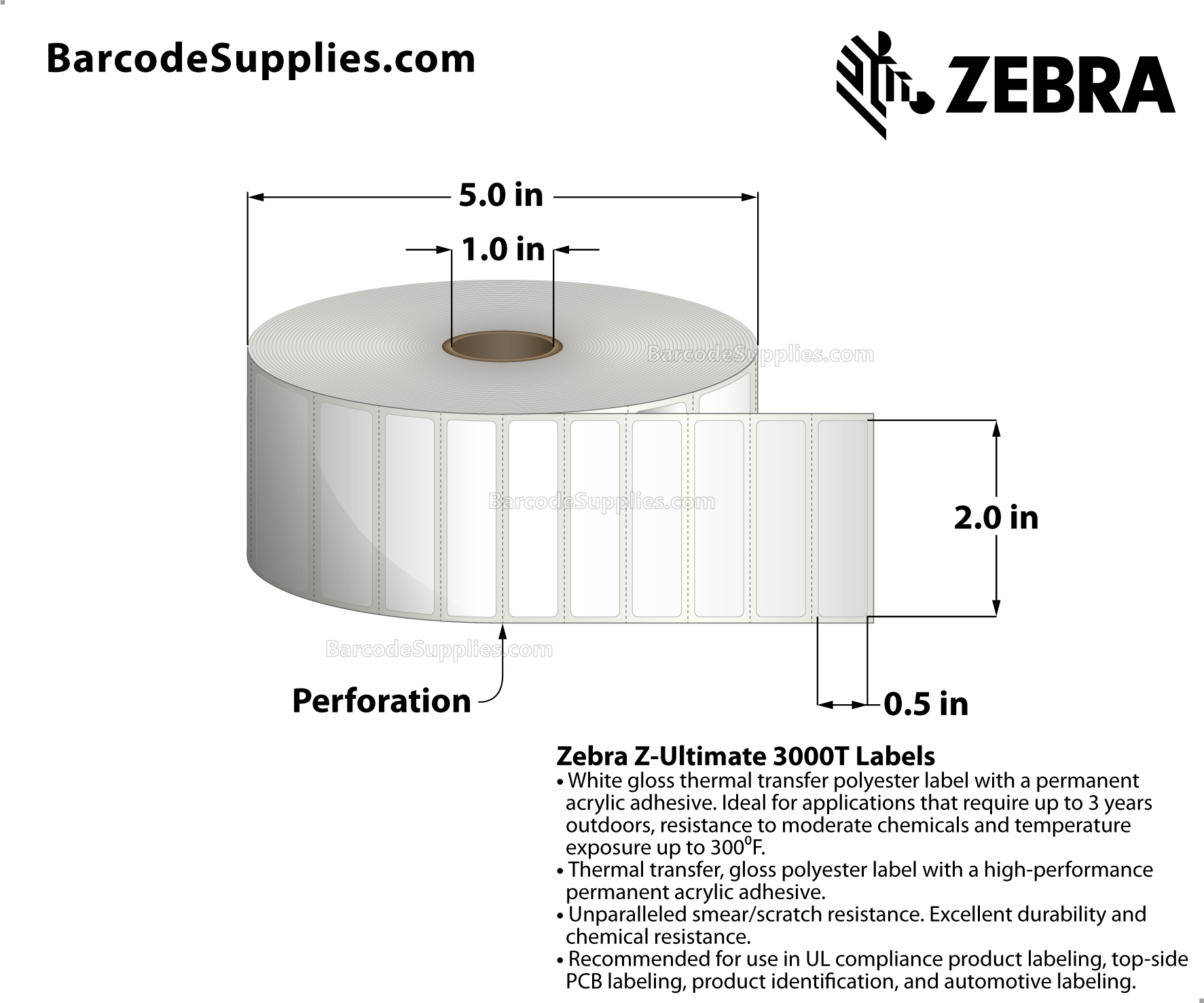 2 x 0.5 Thermal Transfer White Z-Ultimate 3000T Labels With Permanent Adhesive - Perforated - 4550 Labels Per Roll - Carton Of 8 Rolls - 36400 Labels Total - MPN: 18943