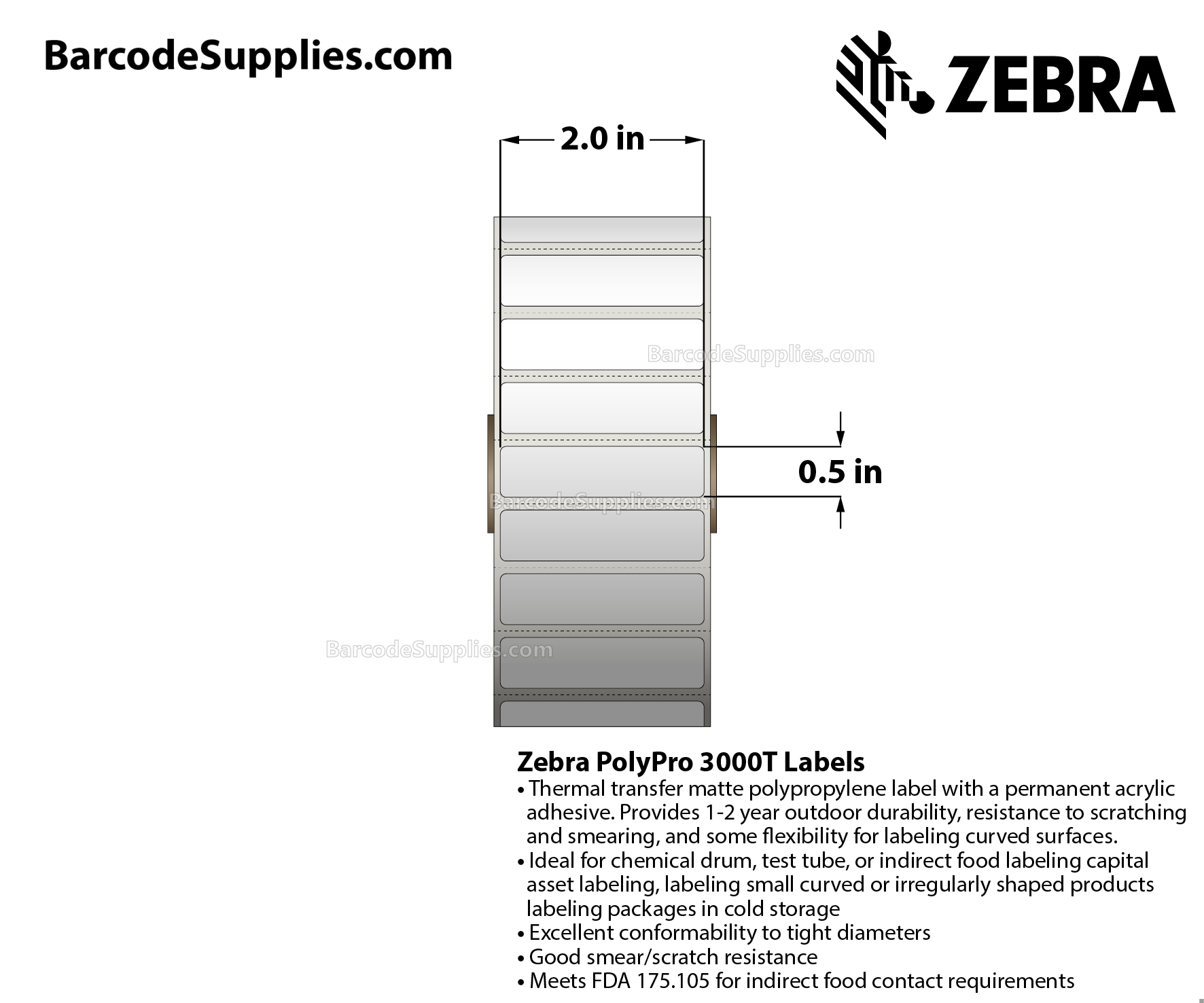 2 x 0.5 Thermal Transfer White PolyPro 3000T Labels With Permanent Adhesive - Perforated - 3780 Labels Per Roll - Carton Of 8 Rolls - 30240 Labels Total - MPN: 18928